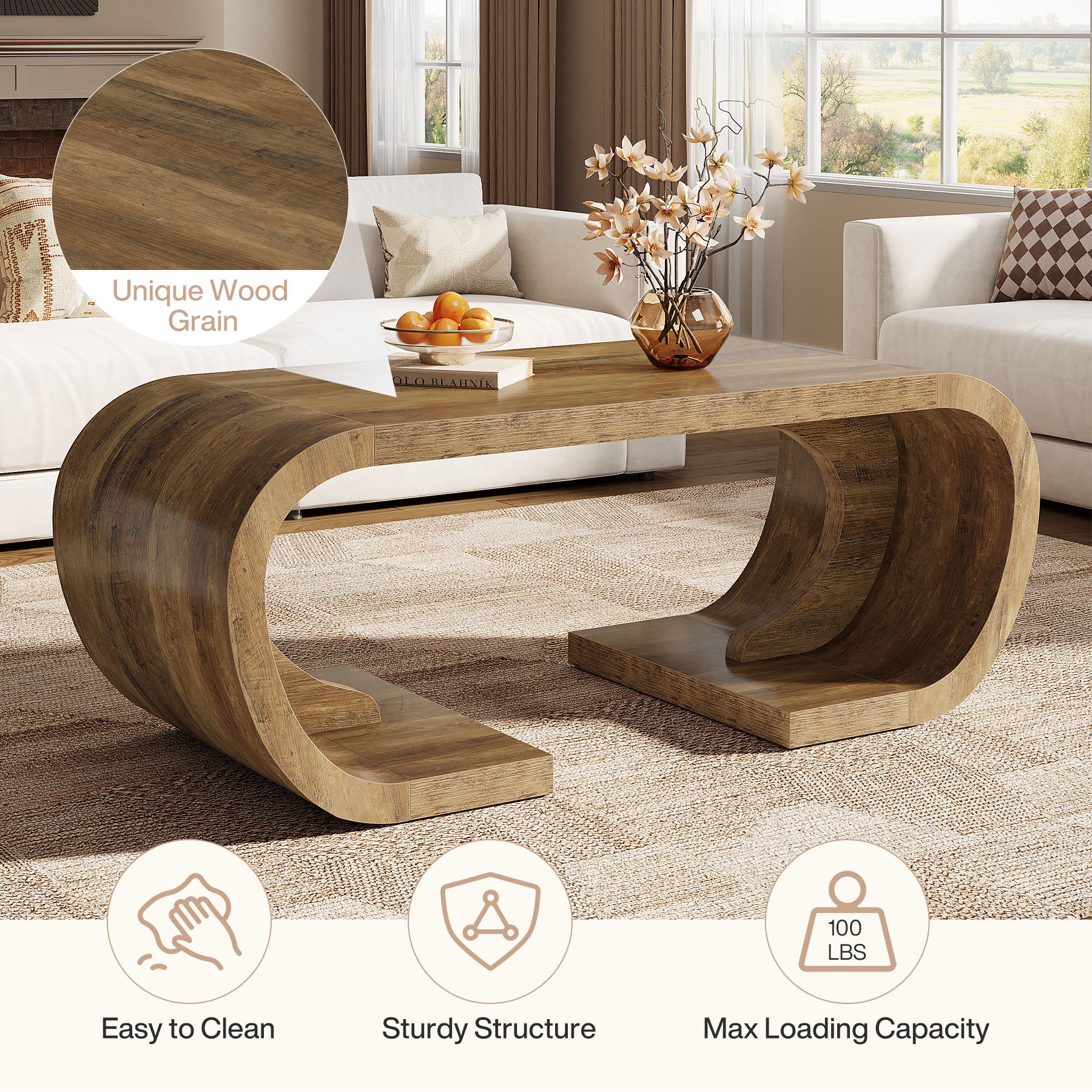 Farmhouse Coffee Table, 47" C - Shaped Center Table with Curved Base Tribesigns