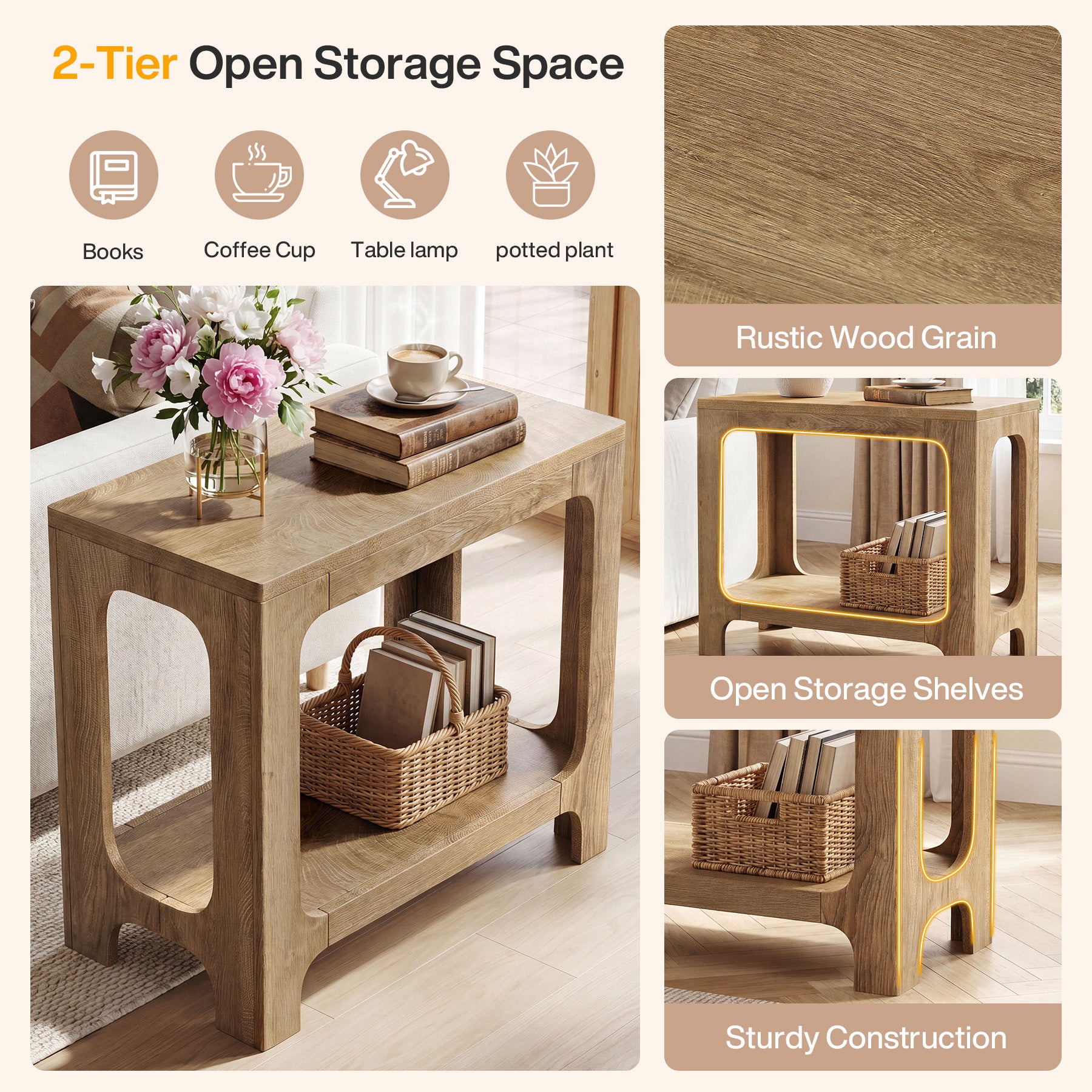 2-Tier Side Table, Narrow Wooden Rectangle End Table for Small Spaces