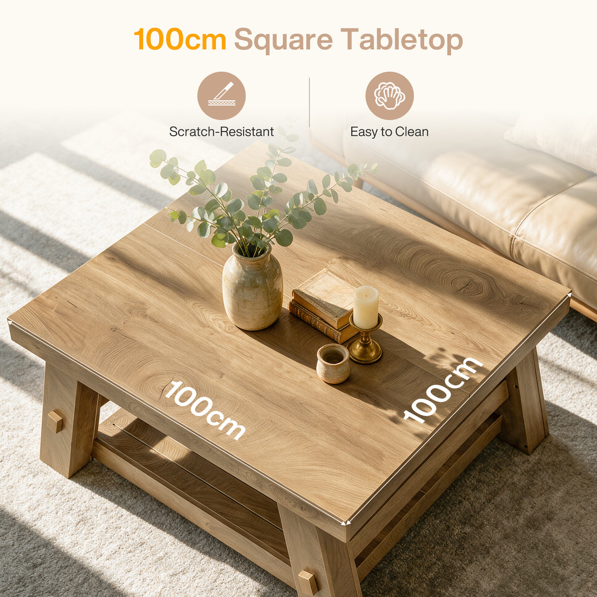 39" Square Coffee Table, 2-Tier Slatted Storage Shelf, Farmhouse Living Room