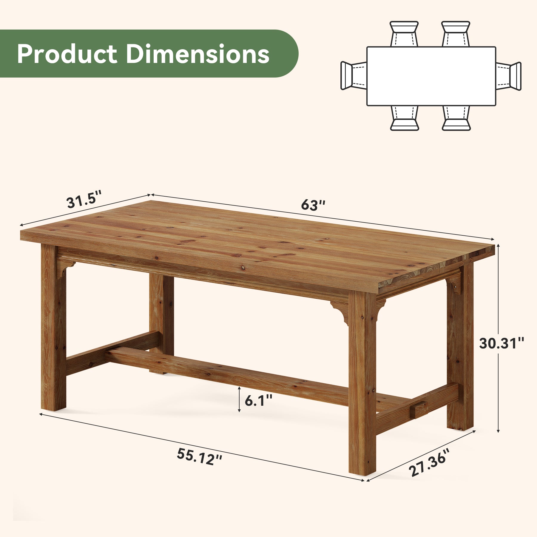 Solid Wood Executive Desk, 63" Computer Desk with Foot Bar for Home Office