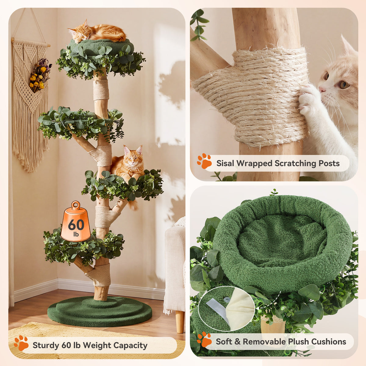 Solid Wood Cat Tree, 59.06" Tall Cat Tower with Sisal Scratching Posts, Washable & Removable Cushions