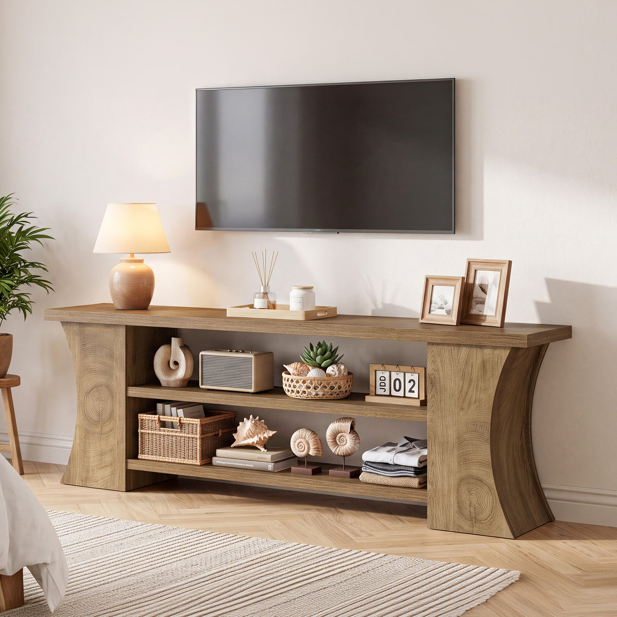 63" TV Stand for 75" TVs, Entertainment Center with 3-Tier Storage & Curved Legs