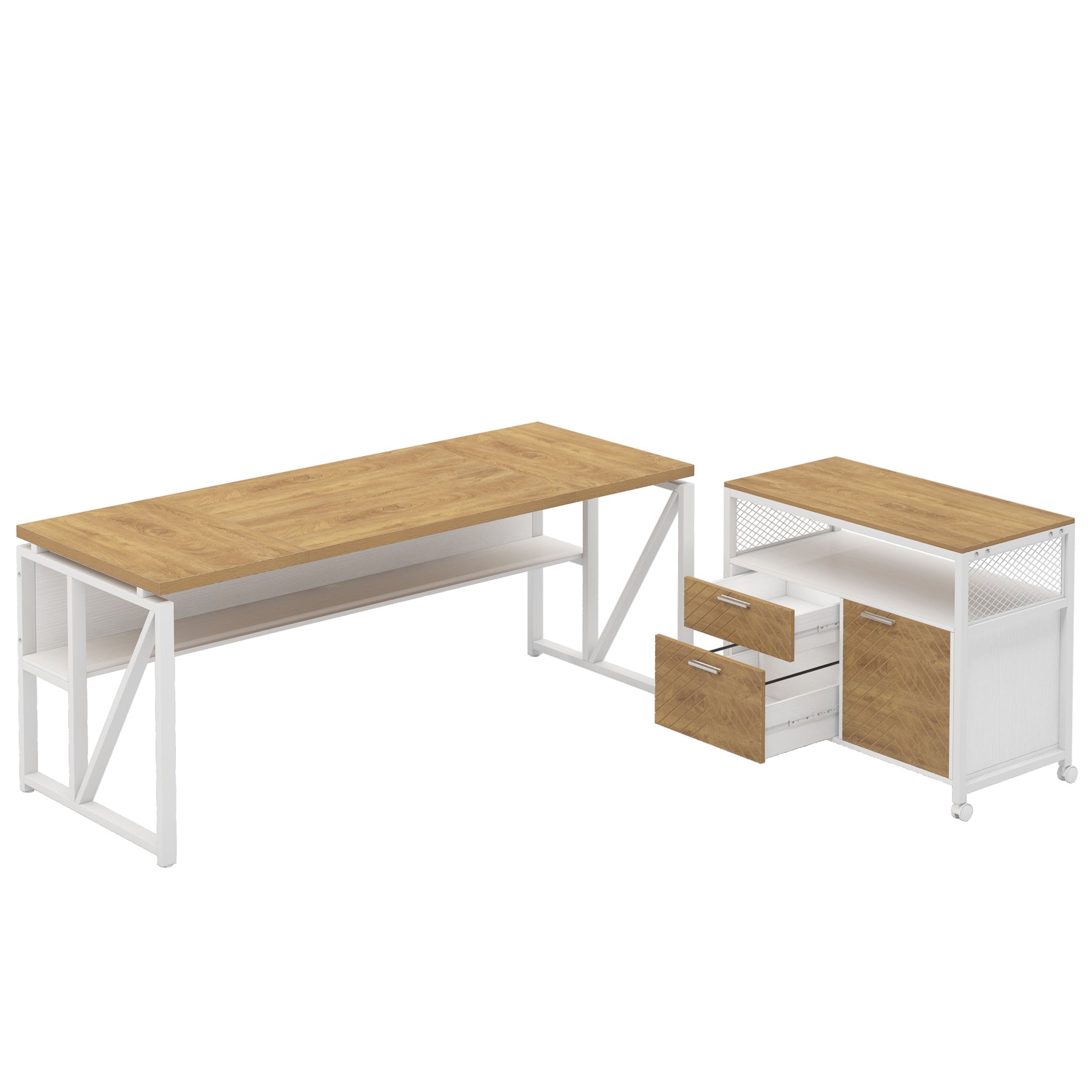 55" / 63" L-Shaped Executive Desk with Storage Shelves and Mobile File Cabinet(2 Drawers and 1 Storage Compartment)