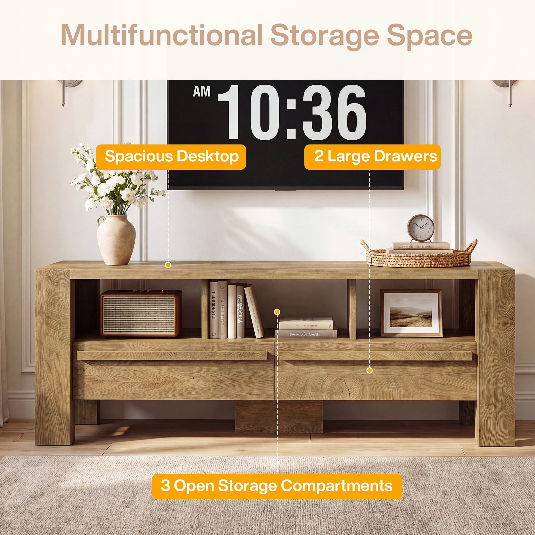 63" TV Stand for 75" TVs, Entertainment Media Console with 2 Drawers and Open Shelves for Living Room