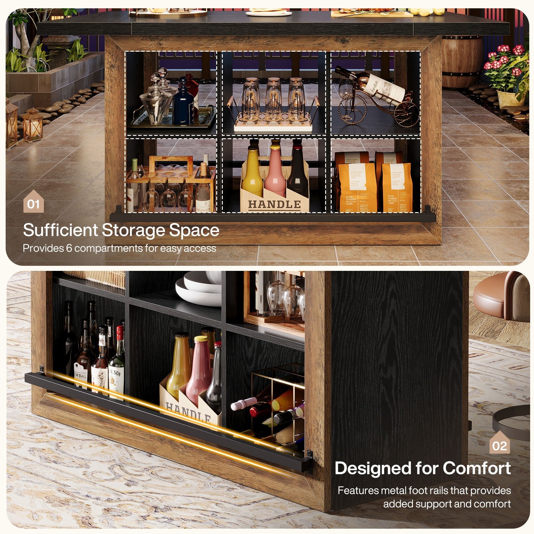 62.6" Bar Table, Rectangular Home Bar Cabinet Unit with 6 Spacious Cubbies