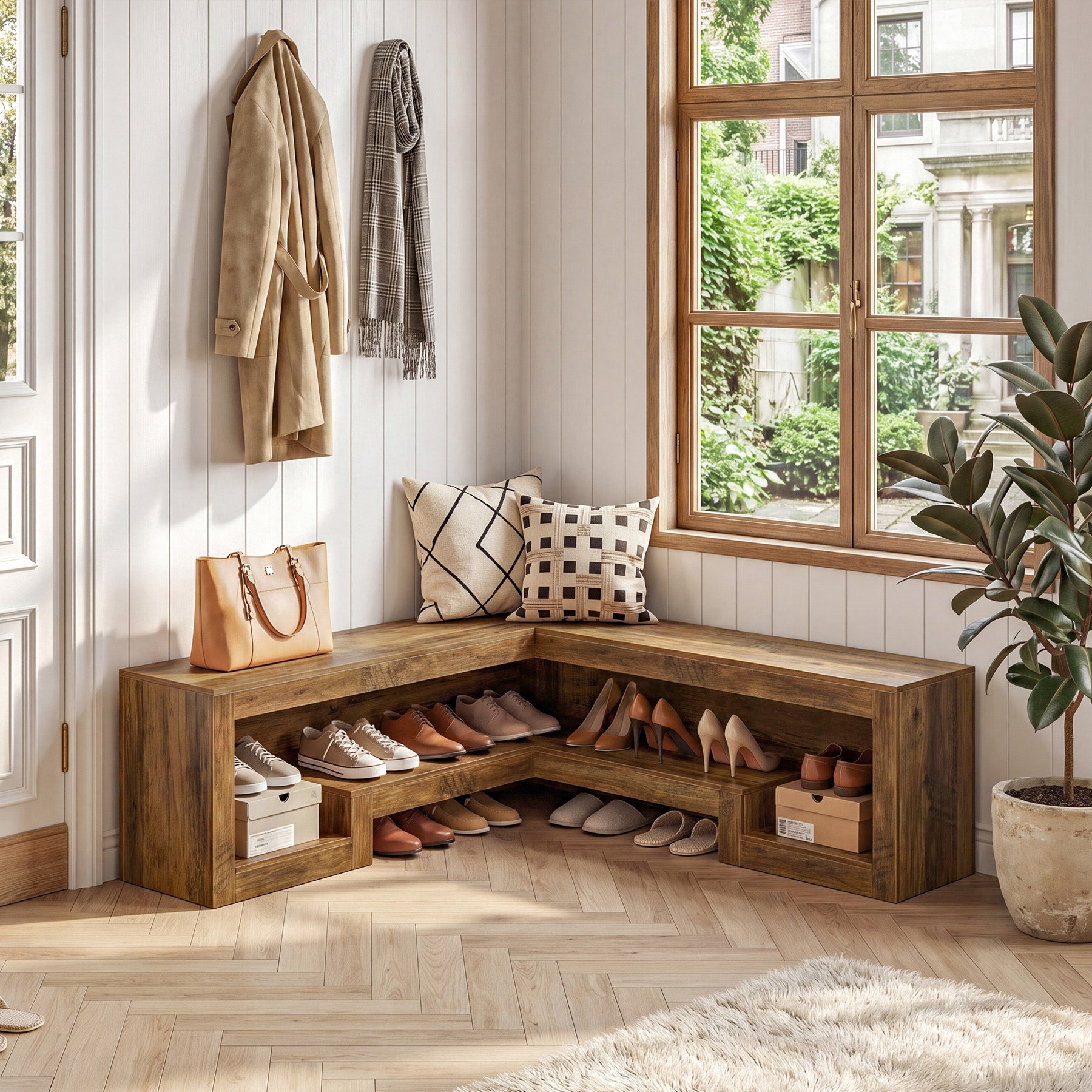 55“ L-Shaped Corner Bench, wooden Breakfast Nook Bench With Storage For Entryway