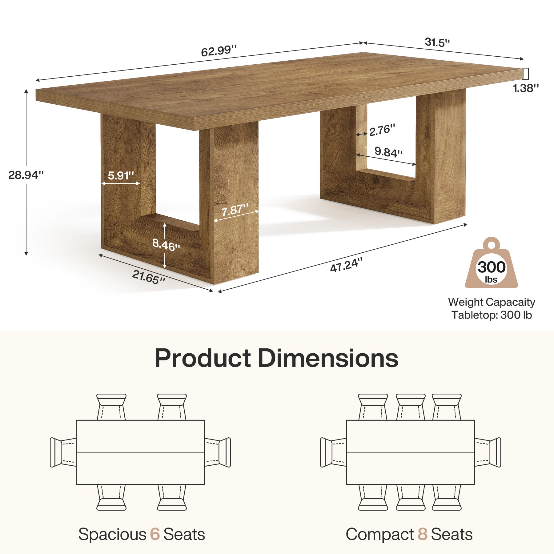 Rectangle Dining Table for 6-8, 63" Kitchen Table with Geometric Frame