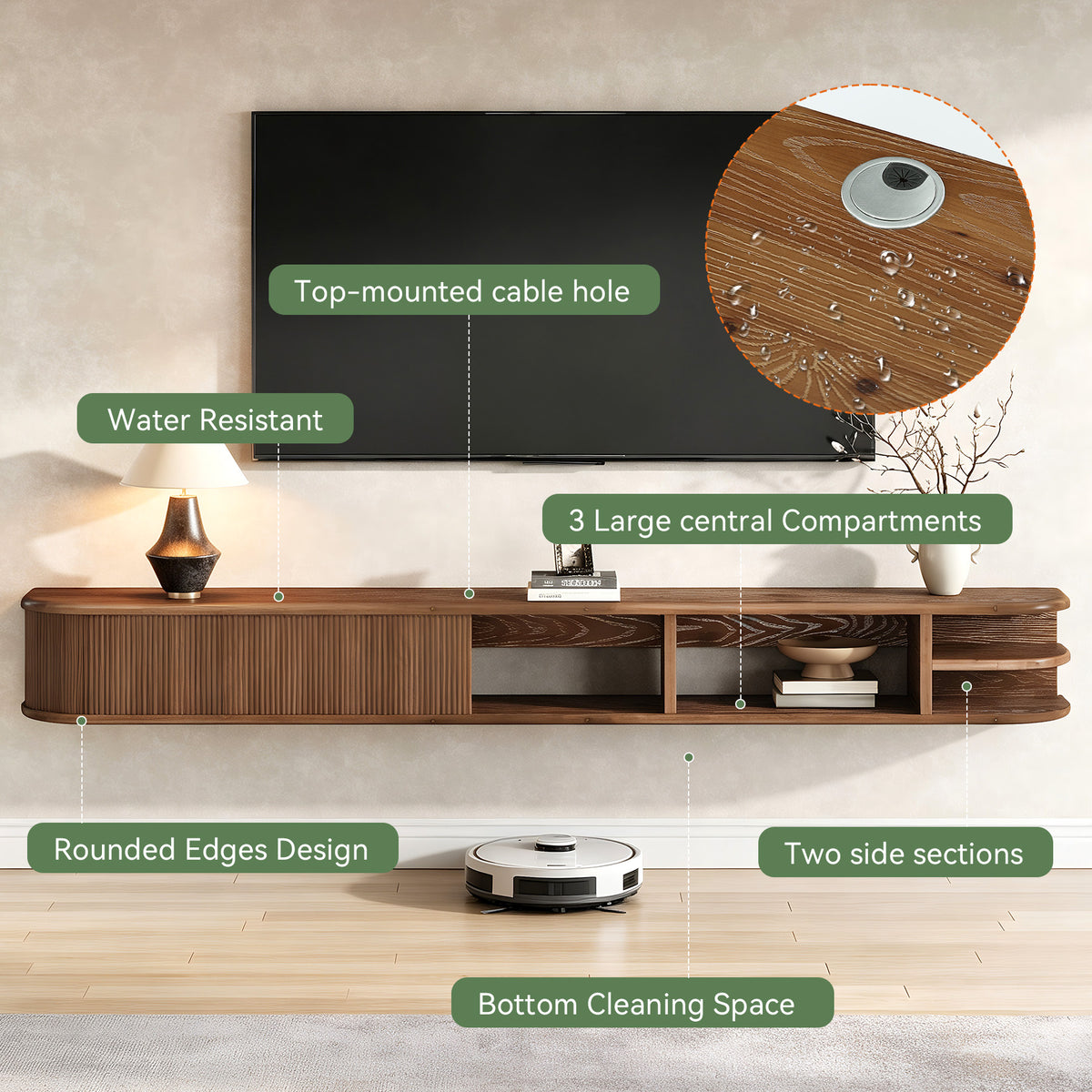 71" Floating TV Stand with Fluted Doors, Solid Wood Media Console with Cable Management for 50-90" TVs