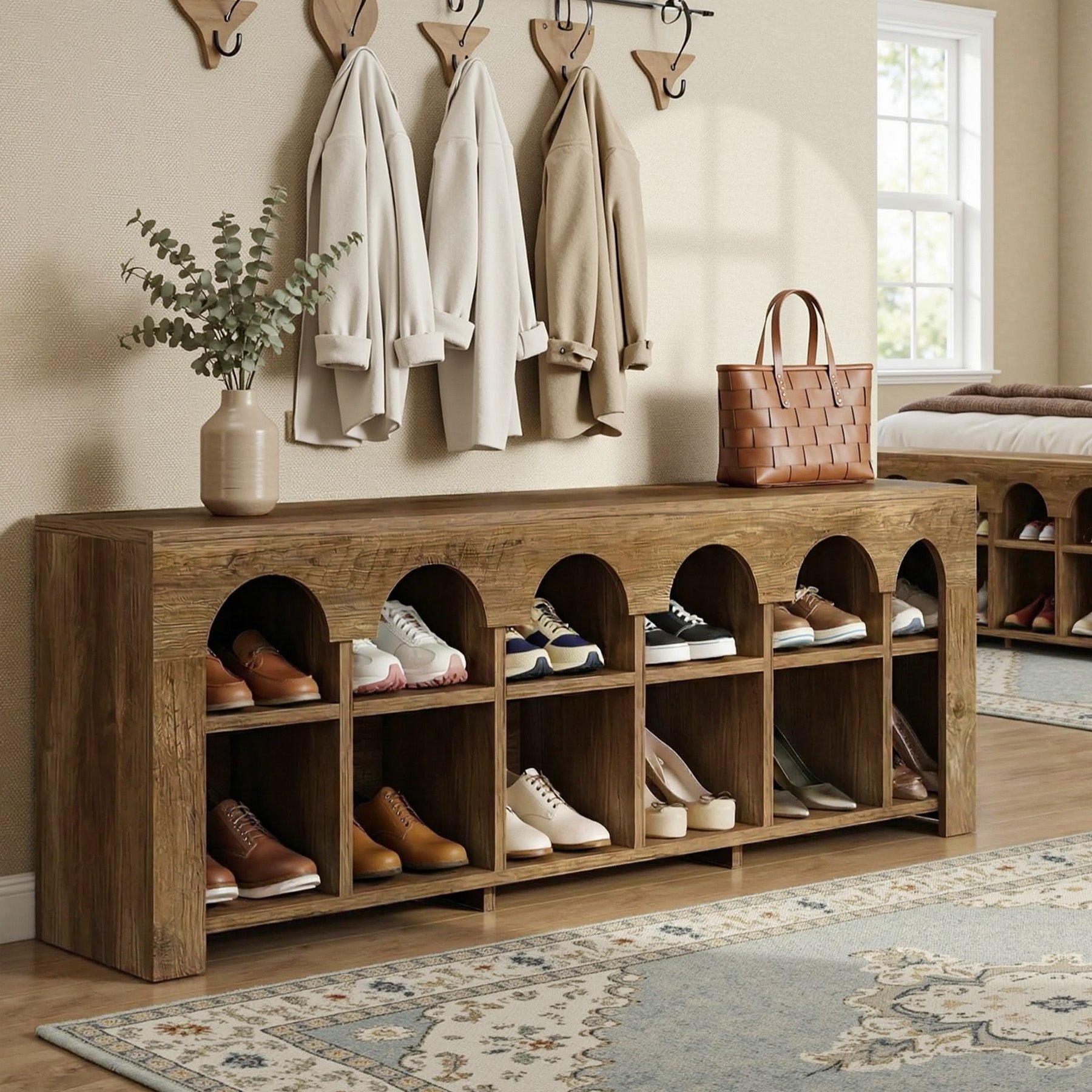63" Entryway Bench, 2-Tier Narrow Shoe Storage Bench with Arched Cubbies
