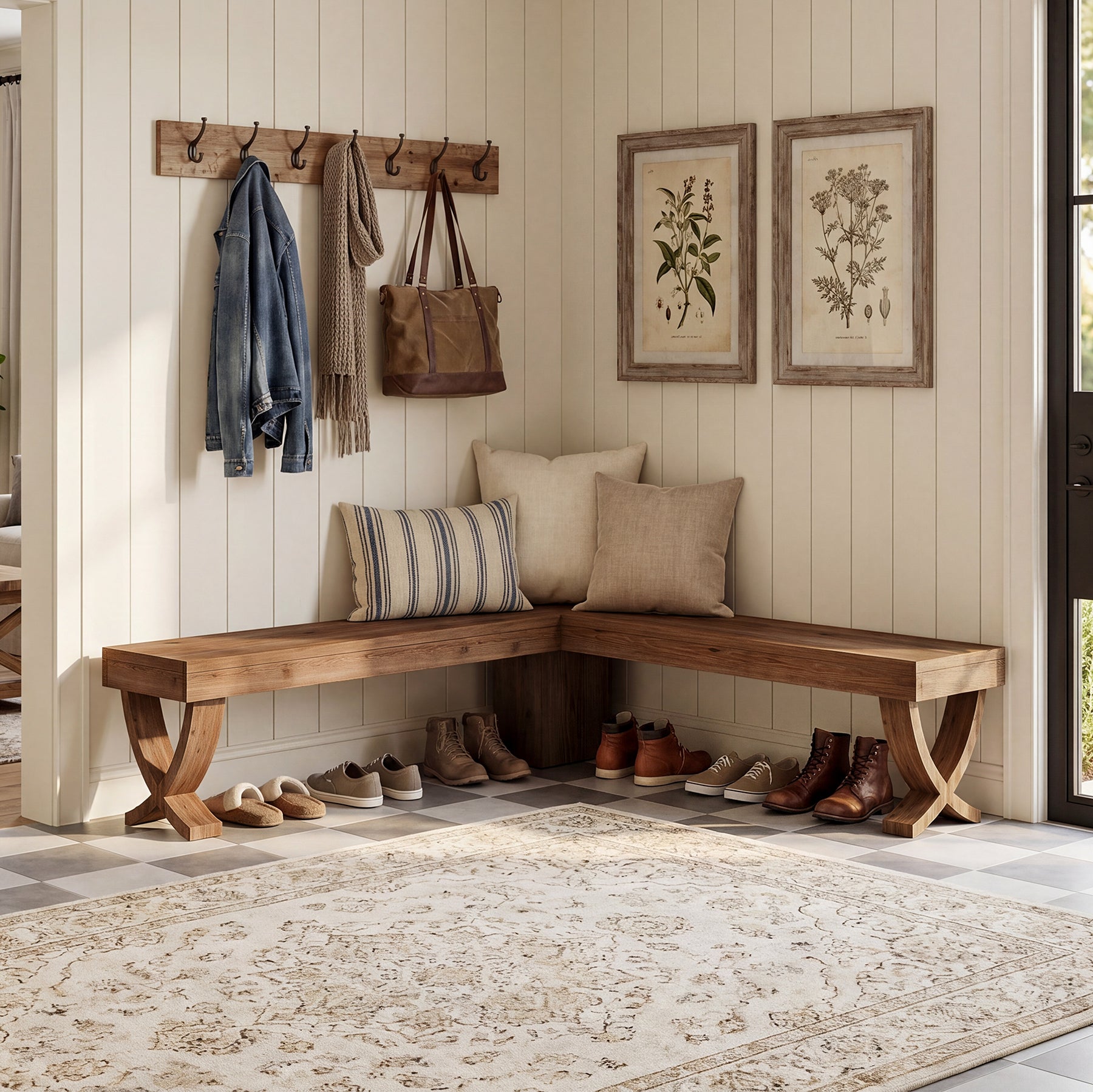 55" L-Shaped Corner Bench, Farmhouse Nook Dining Bench with X-Shaped Leg