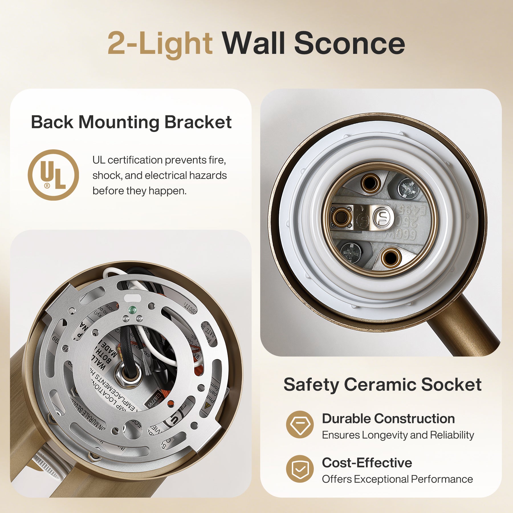 2‑Light Cylinder Wall Sconce, Brushed Antique Brass Wall Light with Frosted Glass Shade