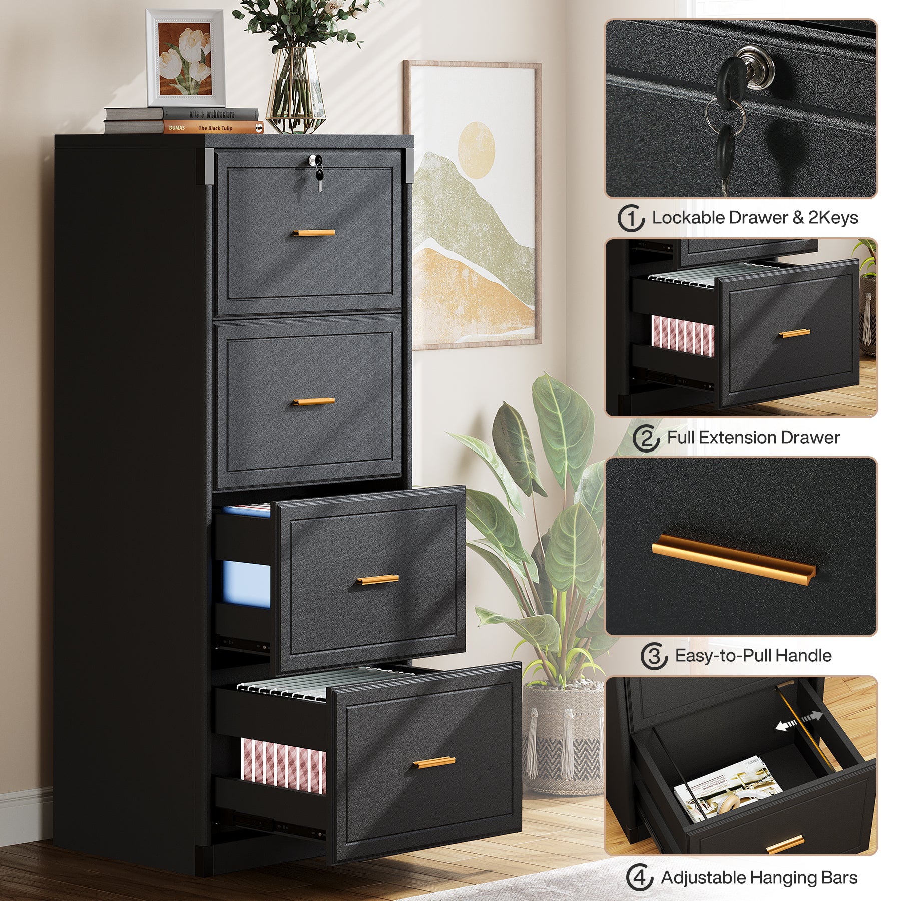 51" File Cabinet, Vertical Filing Cabinet with 4 Storage Drawers Tribesigns