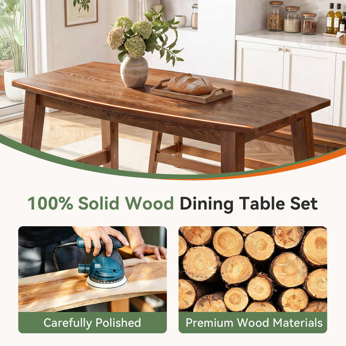 55" Farmhouse Dining Table Set with 2 Benches, Solid Wood Kitchen Table for 4