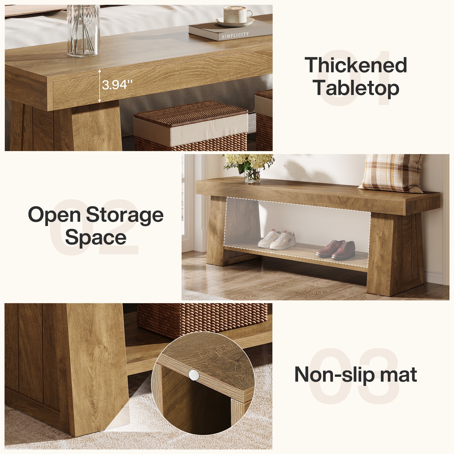 63" Entryway Bench with Storage Shelf, 2-Tier Hallway Shoe Bench