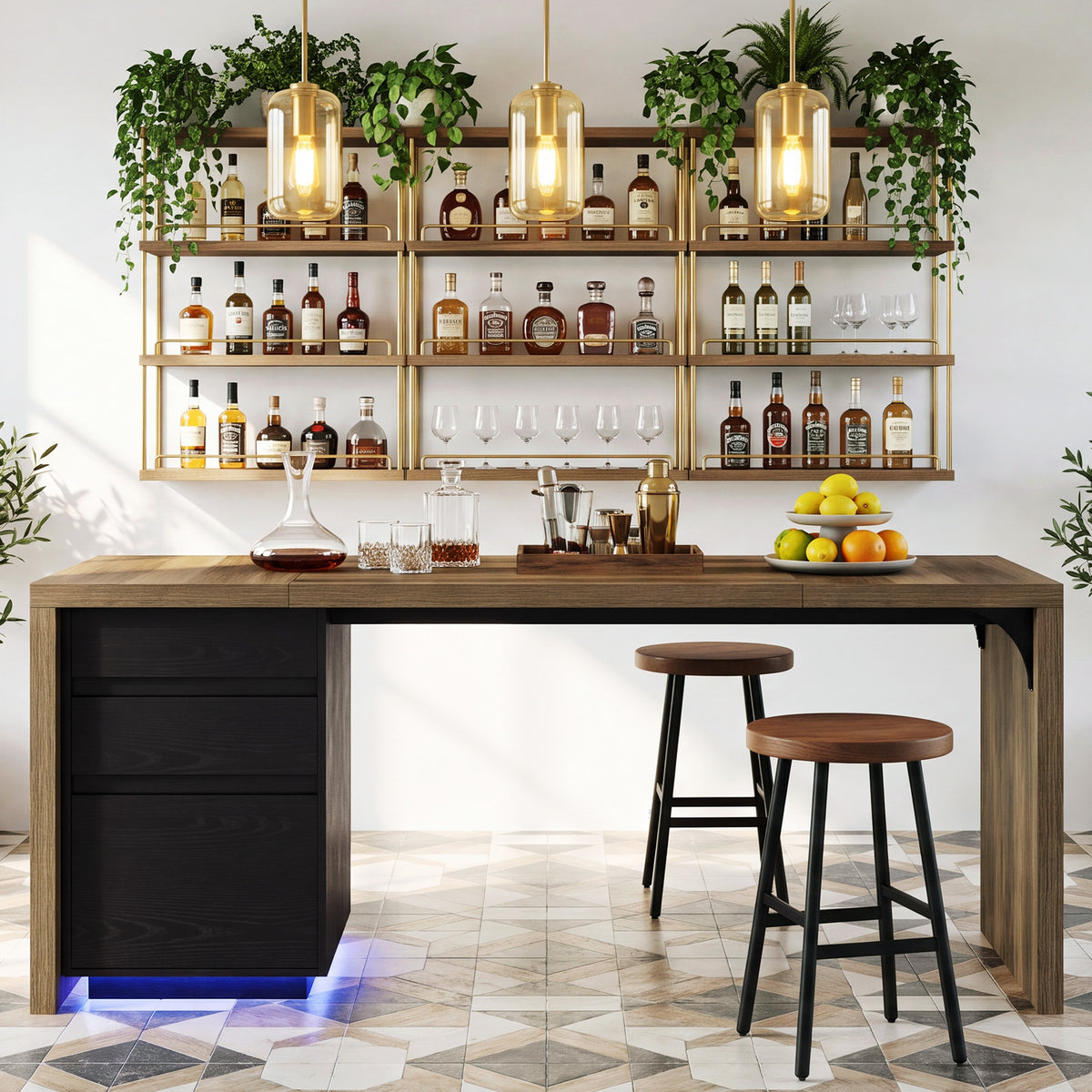 79" Counter Height Bar Table with 3 Drawers & LED Lights, Long Pub Table