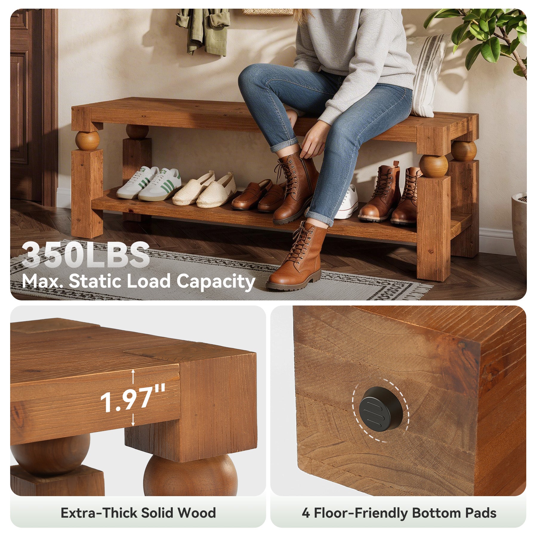 Solid Wood Entryway Bench, 47" Shoe Storage Bench with Shelf for Hallway