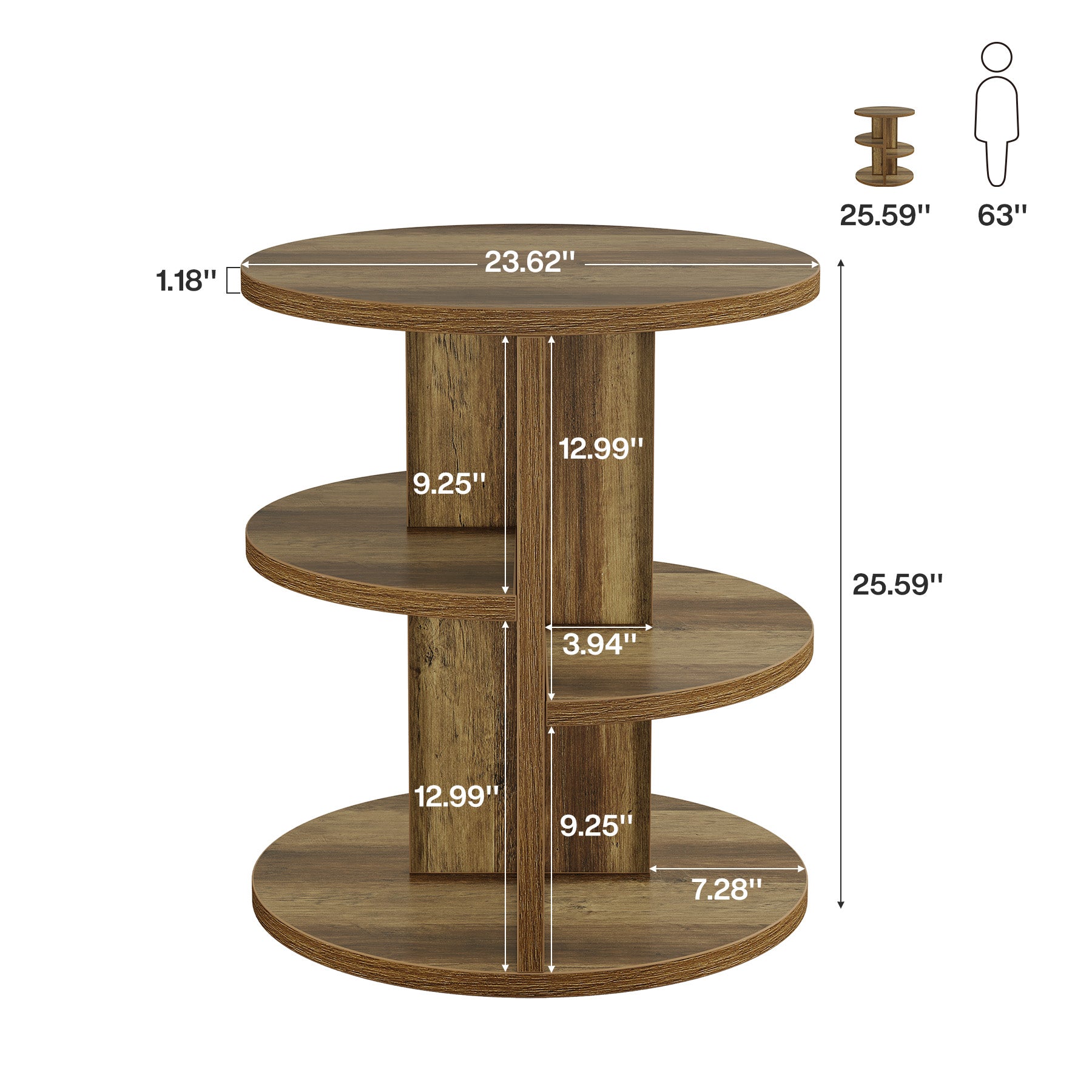 Round End Table, 23.6" Side Table with 3 - Tier Storage Shelf Tribesigns