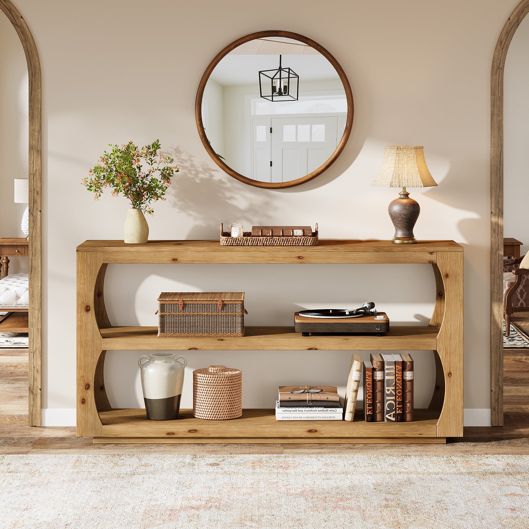 63" Solid Wood Console Table, Farmhouse Narrow Entryway Sofa Table with 3-Tier Storage