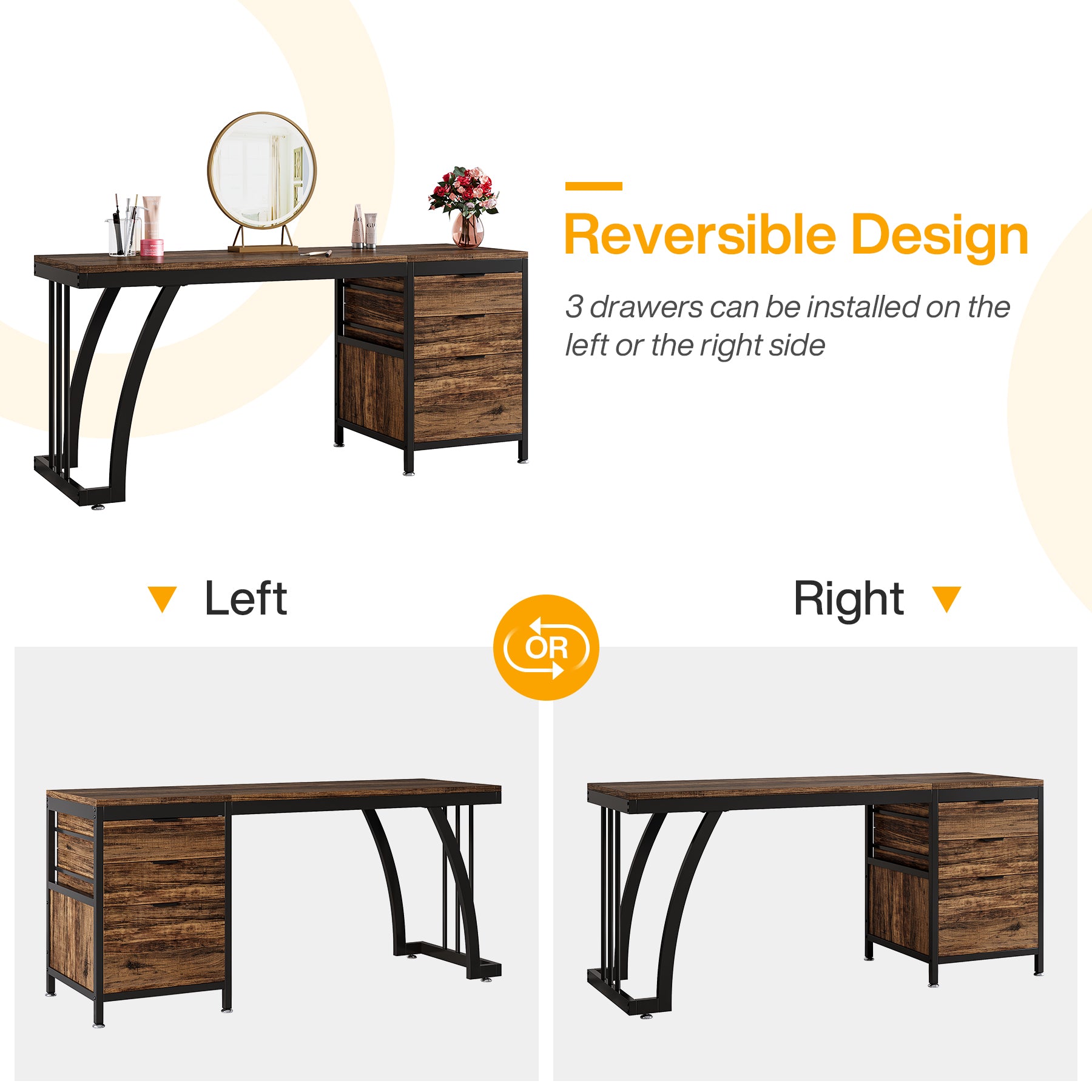 3-Drawer Makeup Vanity Desk, 59" Dressing Table with Reversible Drawers (Only Desk)