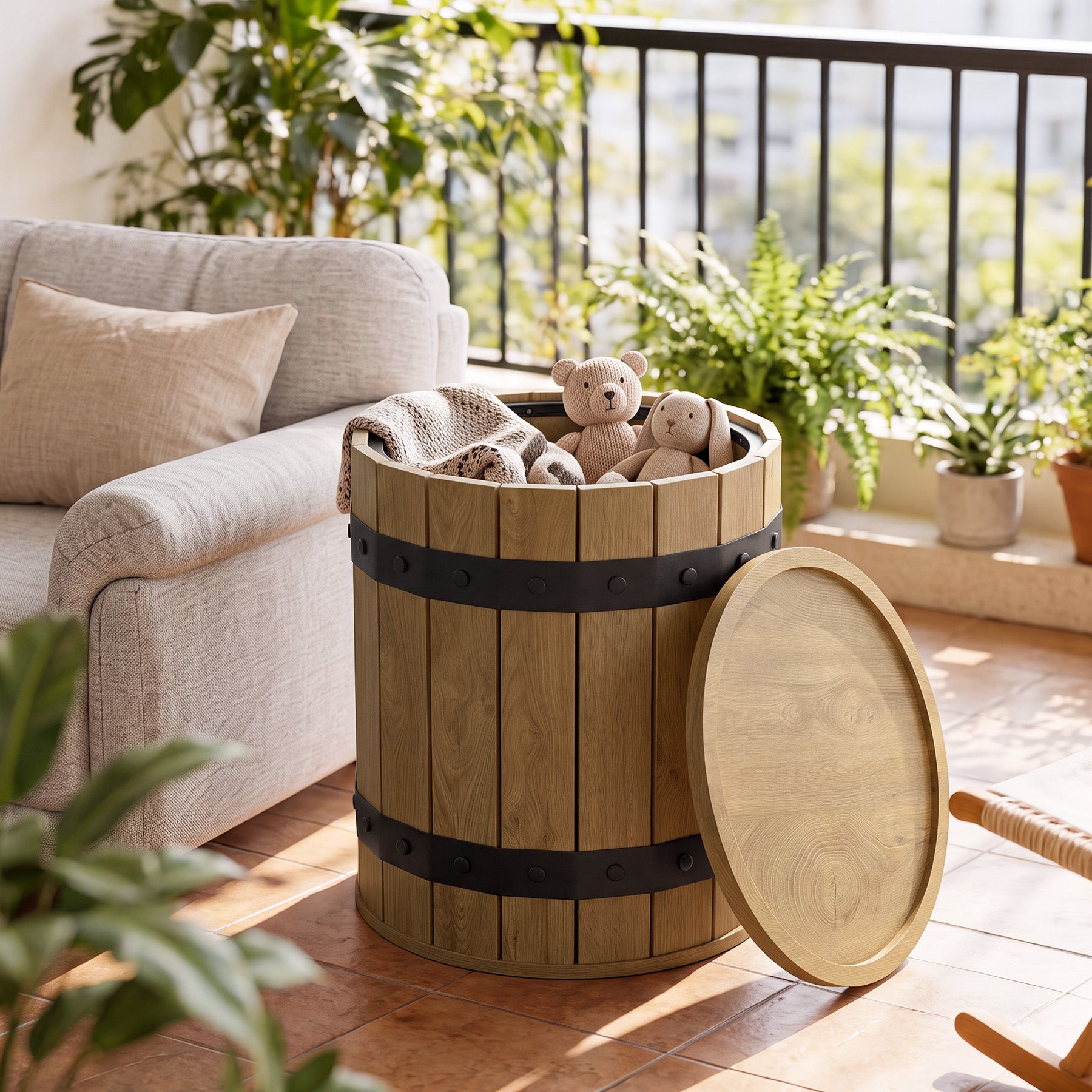 19.68" Barrel Side Table with Hidden Storage, Round Wood End Table with Lid for Living Room and Bedroom