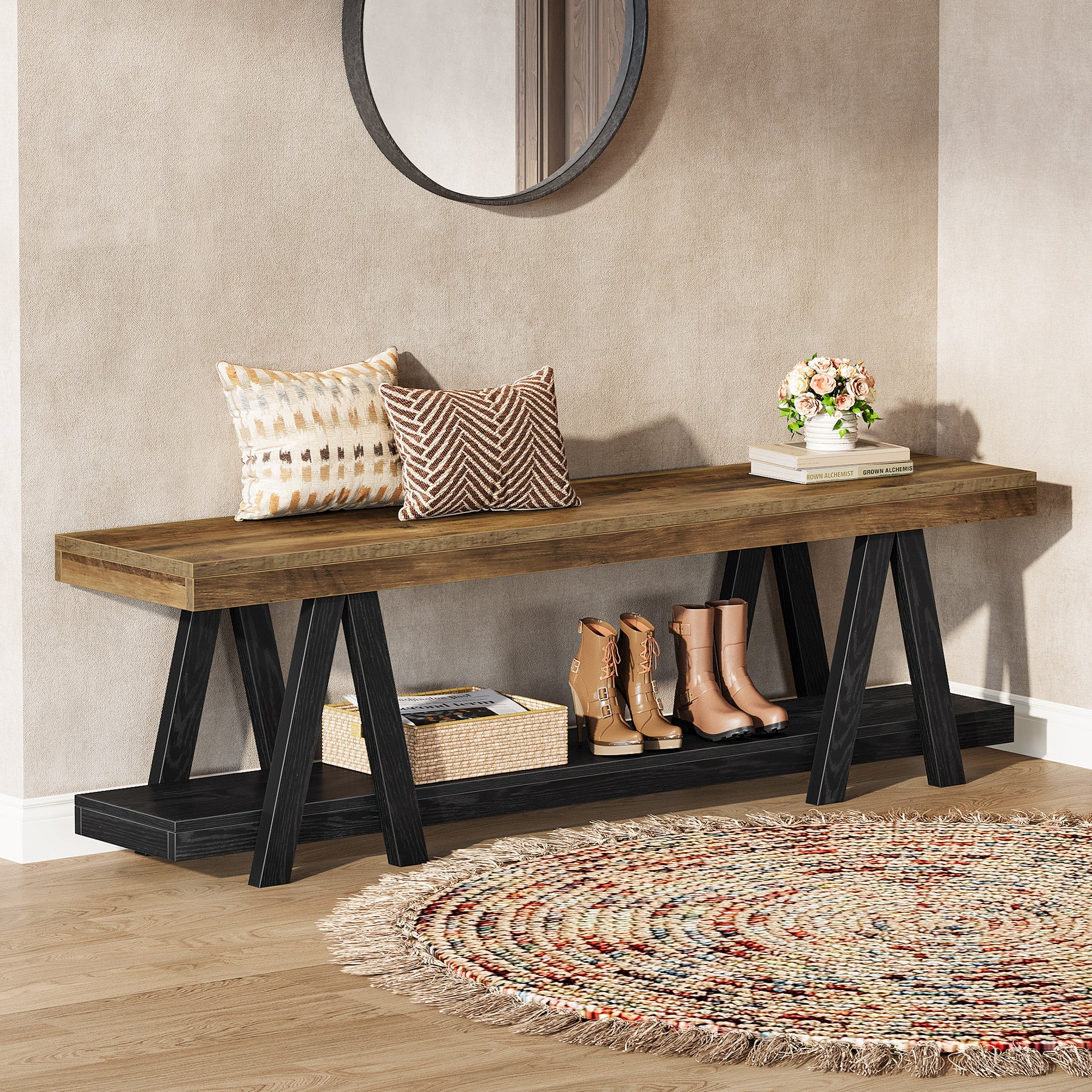 59.05" Entryway Bench with Shoe Storage, 2-Tier End of Bed Bench with Shelves