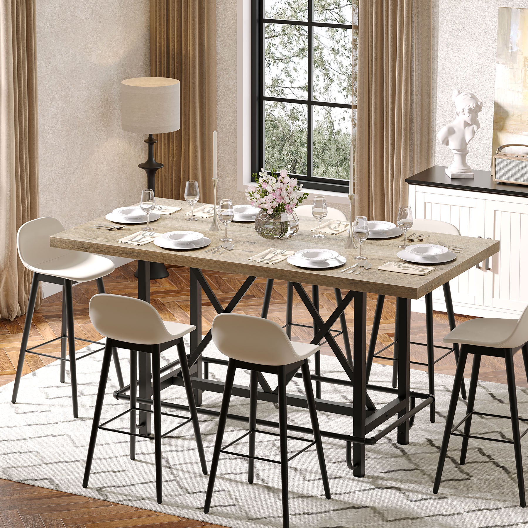 63" Rectangular Dining Table for 6, Counter-Height Kitchen Table with Metal Legs