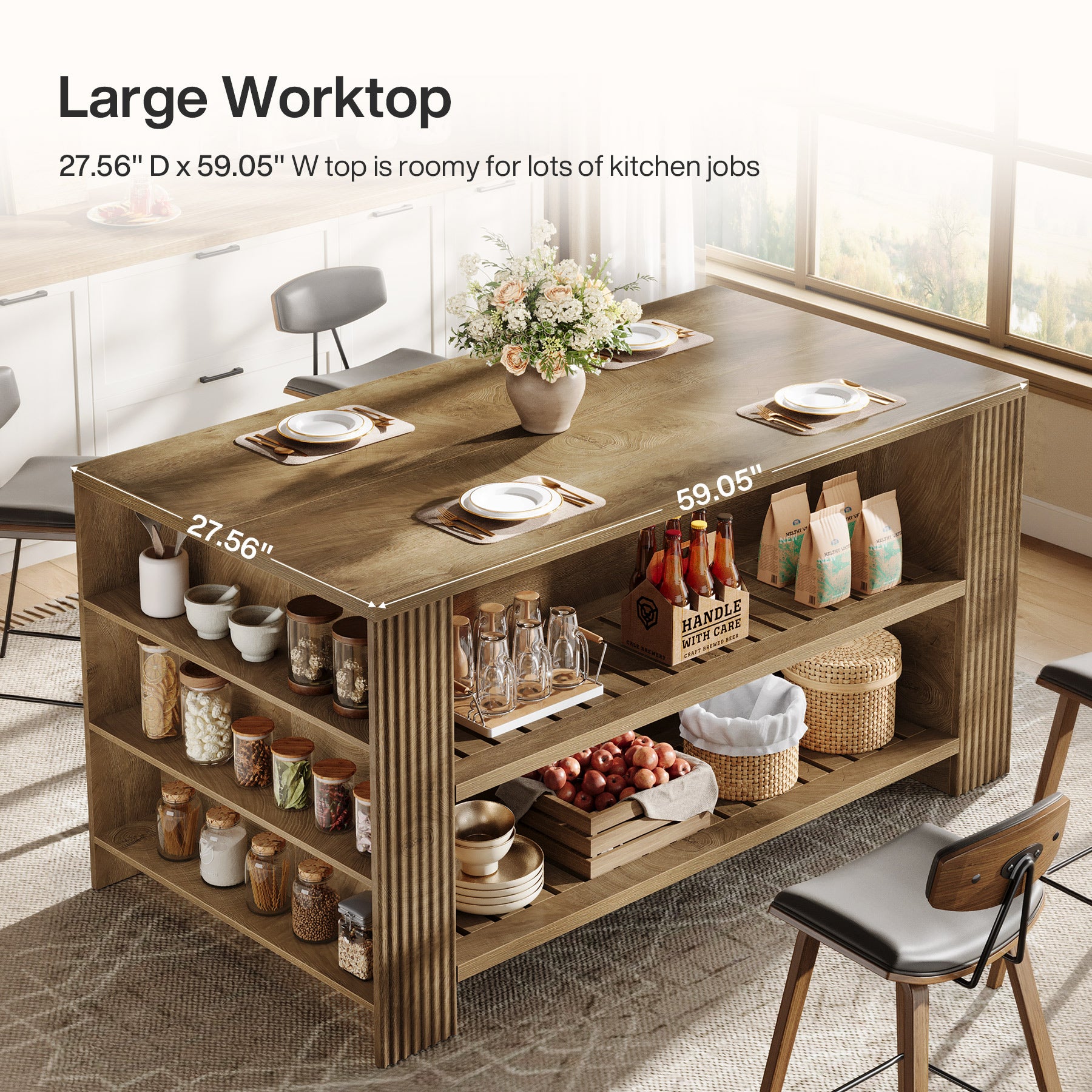 59" Kitchen Island, Large Storage Islands Coffee Unit with Shelves