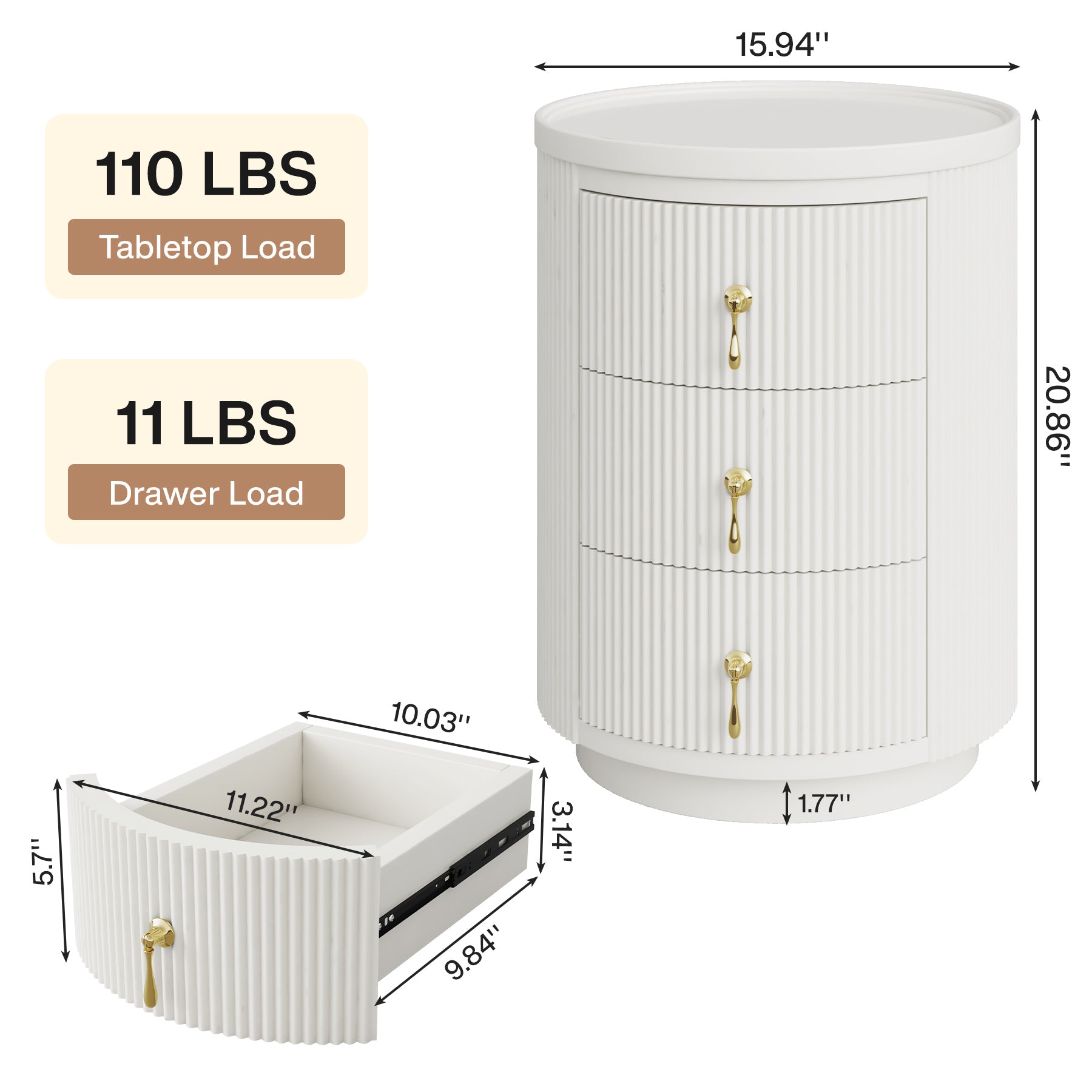 3-Drawer Nightstand, Round Side End Table with Storage (No Assembly Required)