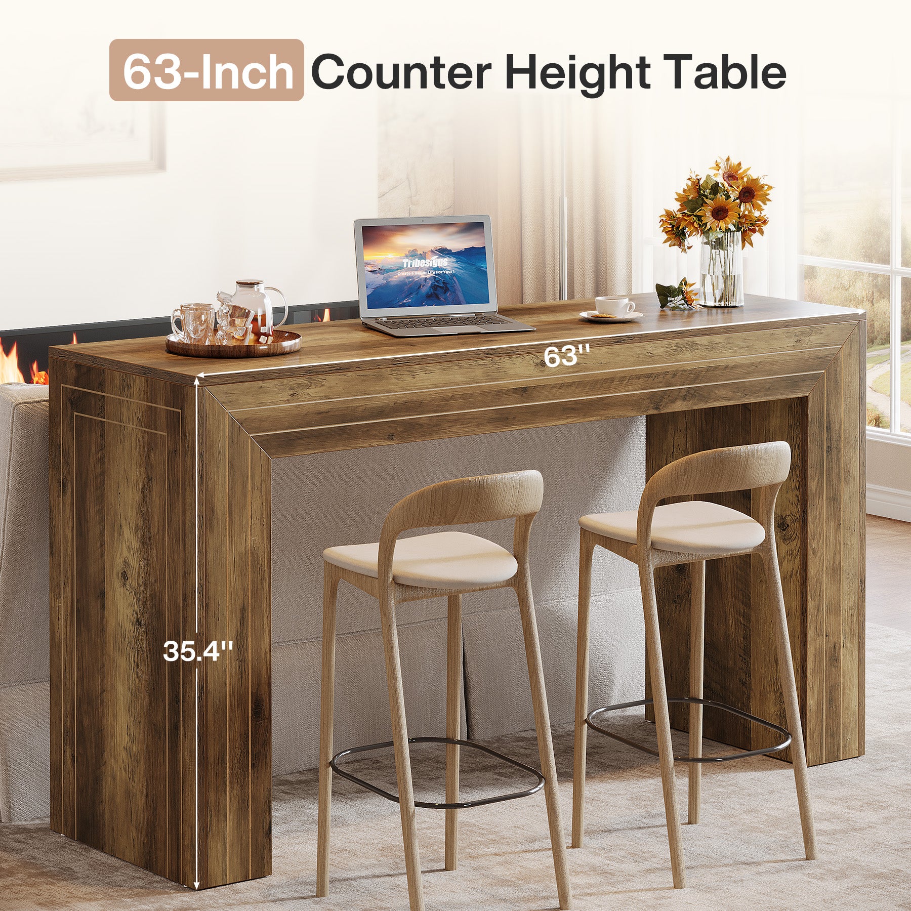 63" Bar Table, Home Counter Height Pub Table with Sturdy Rectangular Base