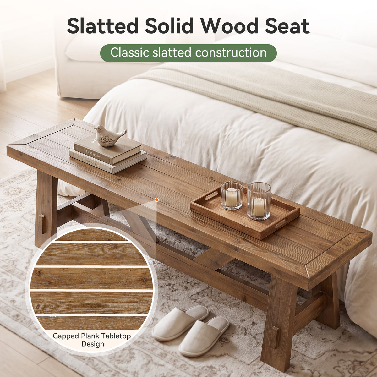 55" Solid Wood Entryway Bench, Farmhouse End of Bed Bench For Hallway, Bedroom