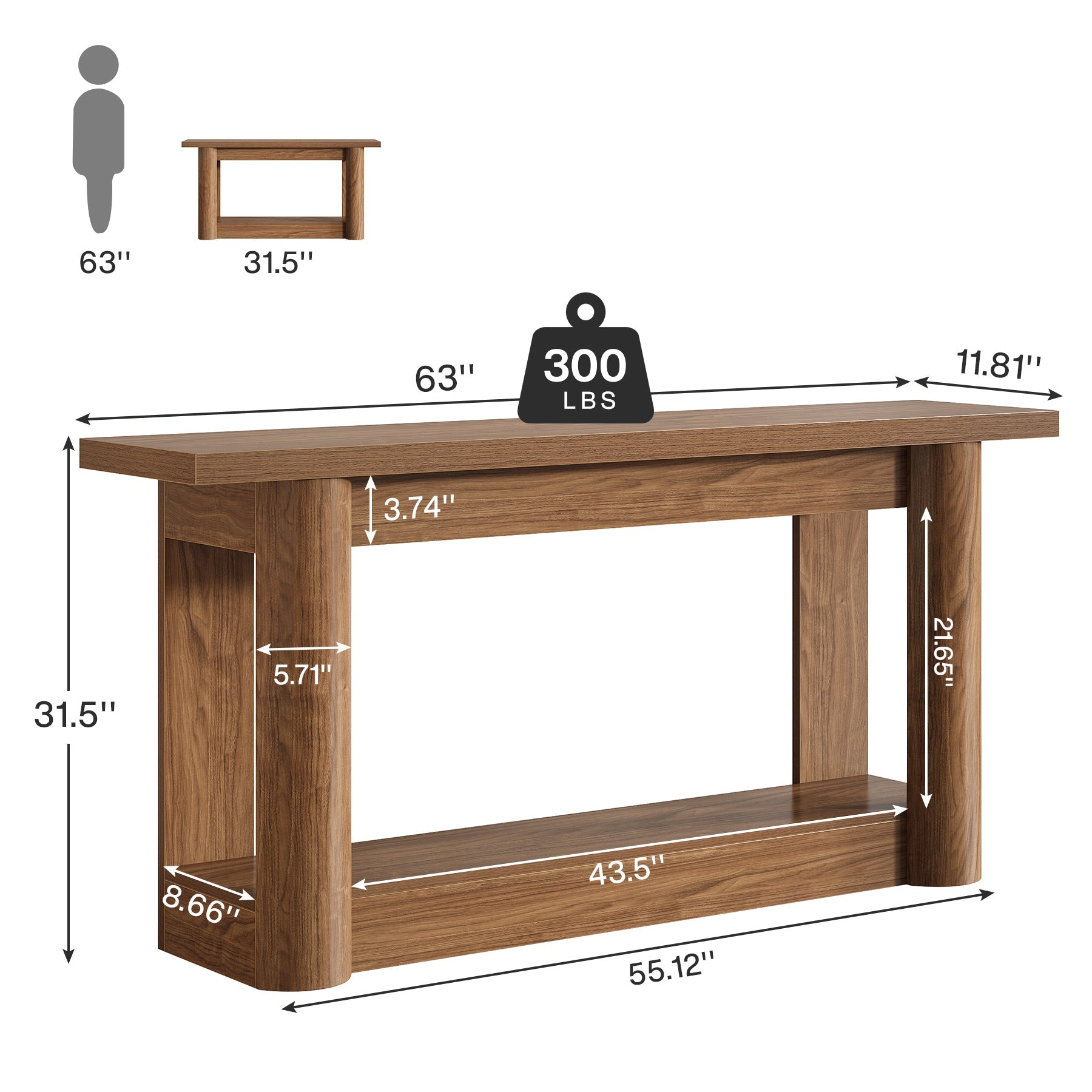 63" Console Table, 2-Tier Farmhouse Entryway Sofa Table