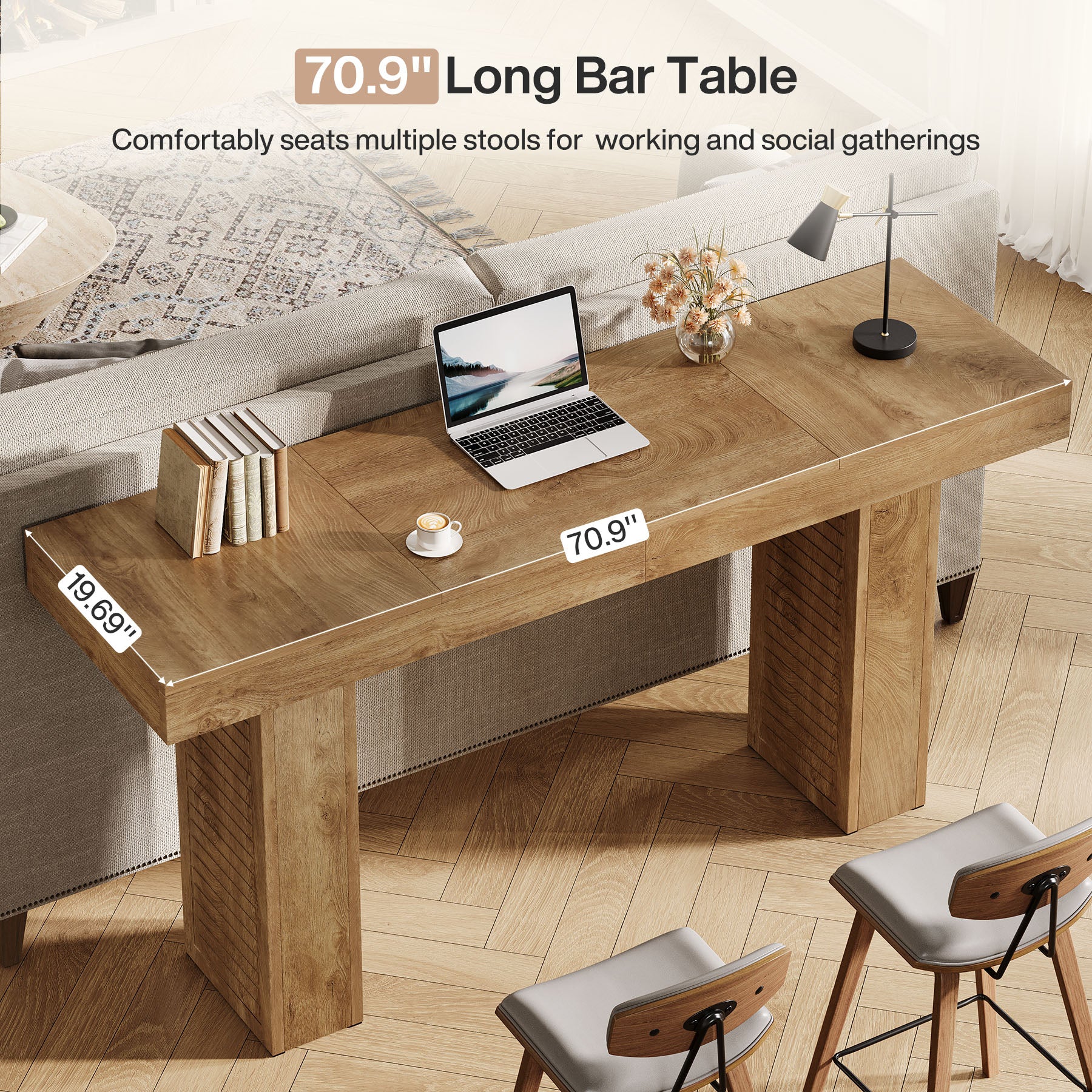 70.9" Bar Table, Counter Height Pub Table with Sturdy Pedestal Base