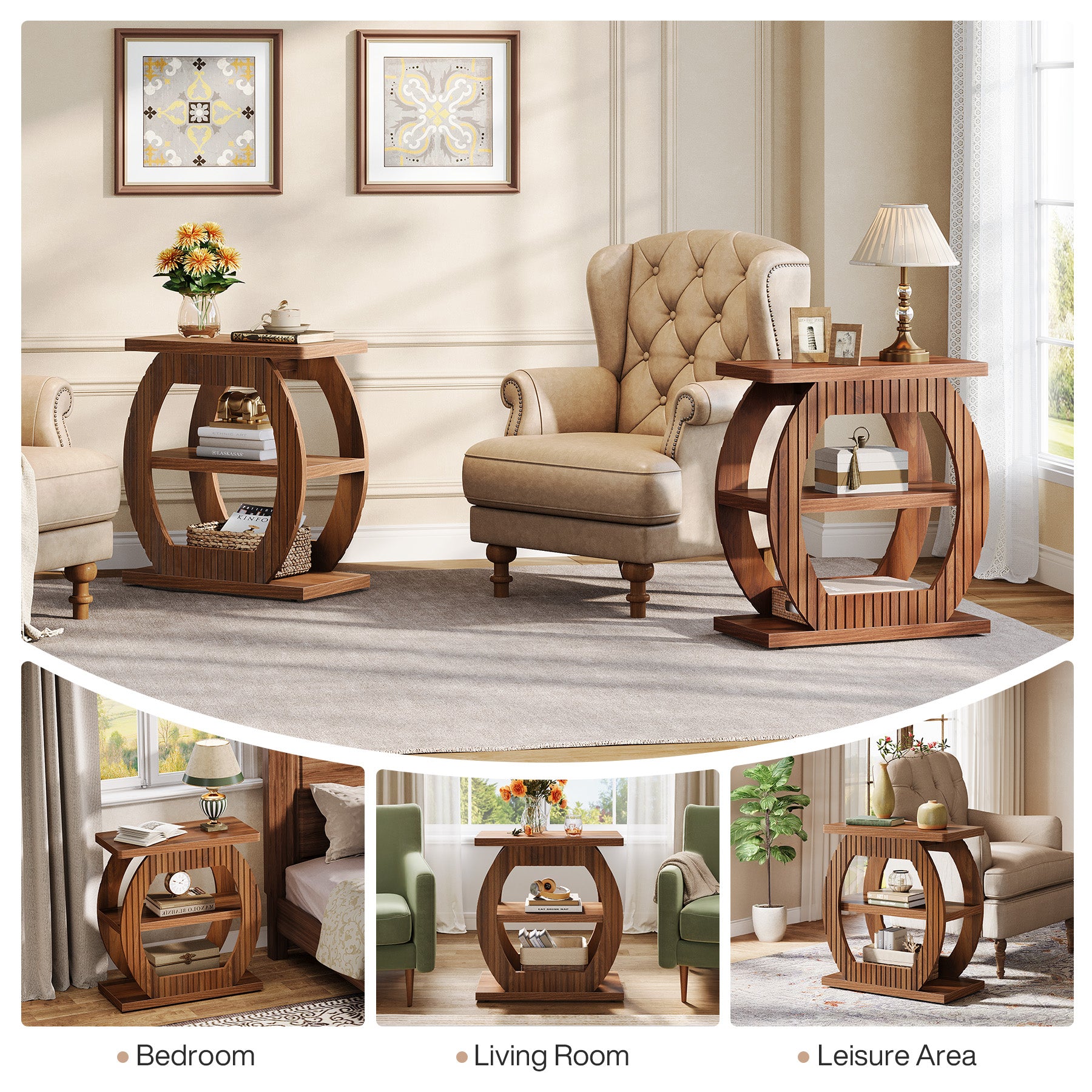 3 - Tier End Table, 26" Rectangle Side Table with 3 Storage Shelves Tribesigns