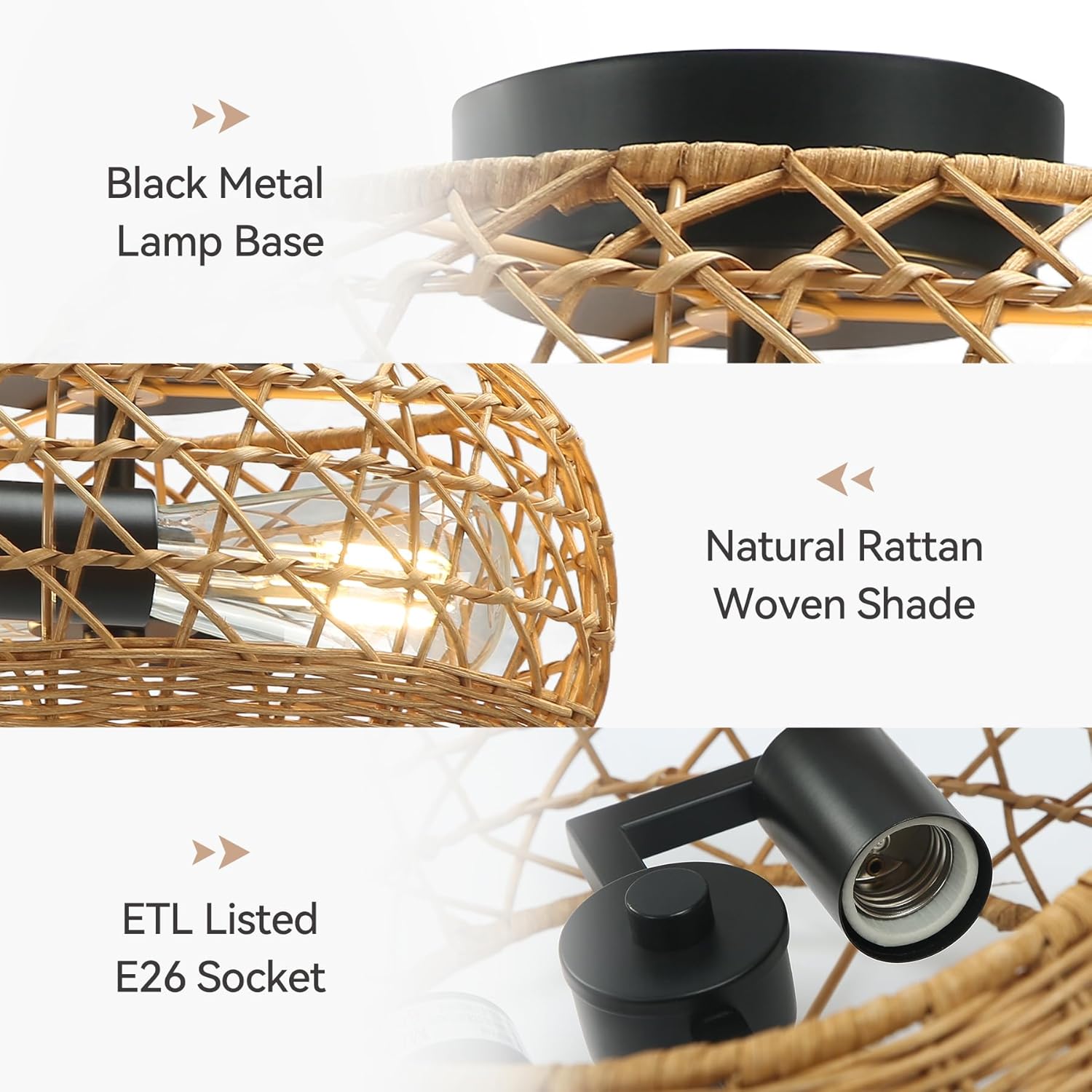 11.8" Boho Flush Mount Light Fixture, Rattan Ceiling Light Cage Shade Flush Lamp Tribesigns