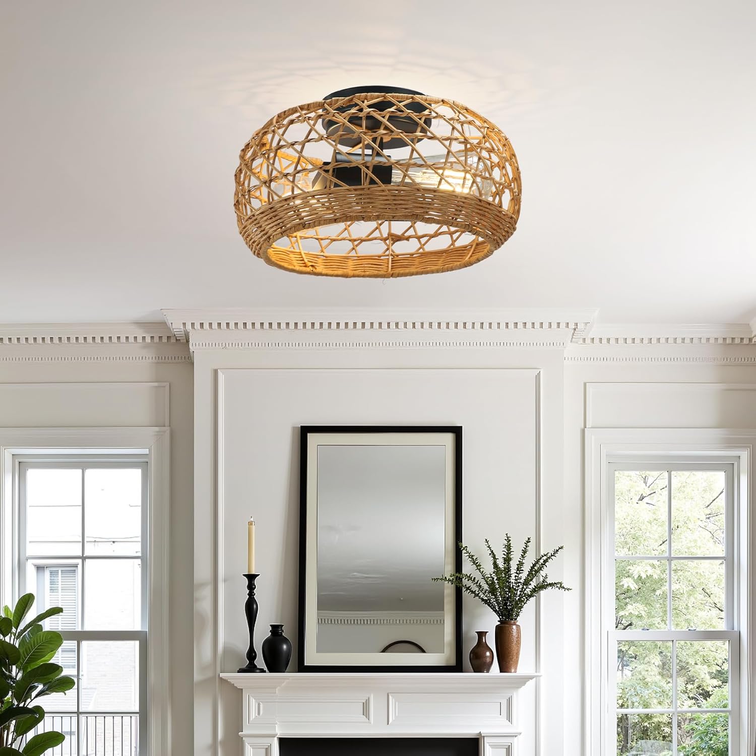 11.8" Boho Flush Mount Light Fixture, Rattan Ceiling Light Cage Shade Flush Lamp Tribesigns