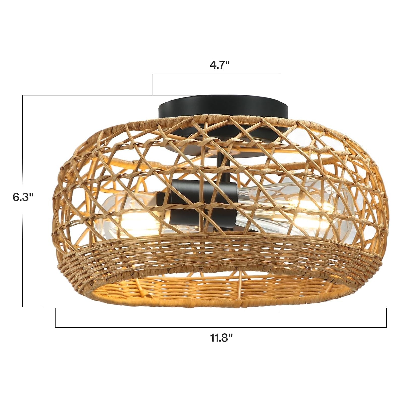 11.8" Boho Flush Mount Light Fixture, Rattan Ceiling Light Cage Shade Flush Lamp Tribesigns