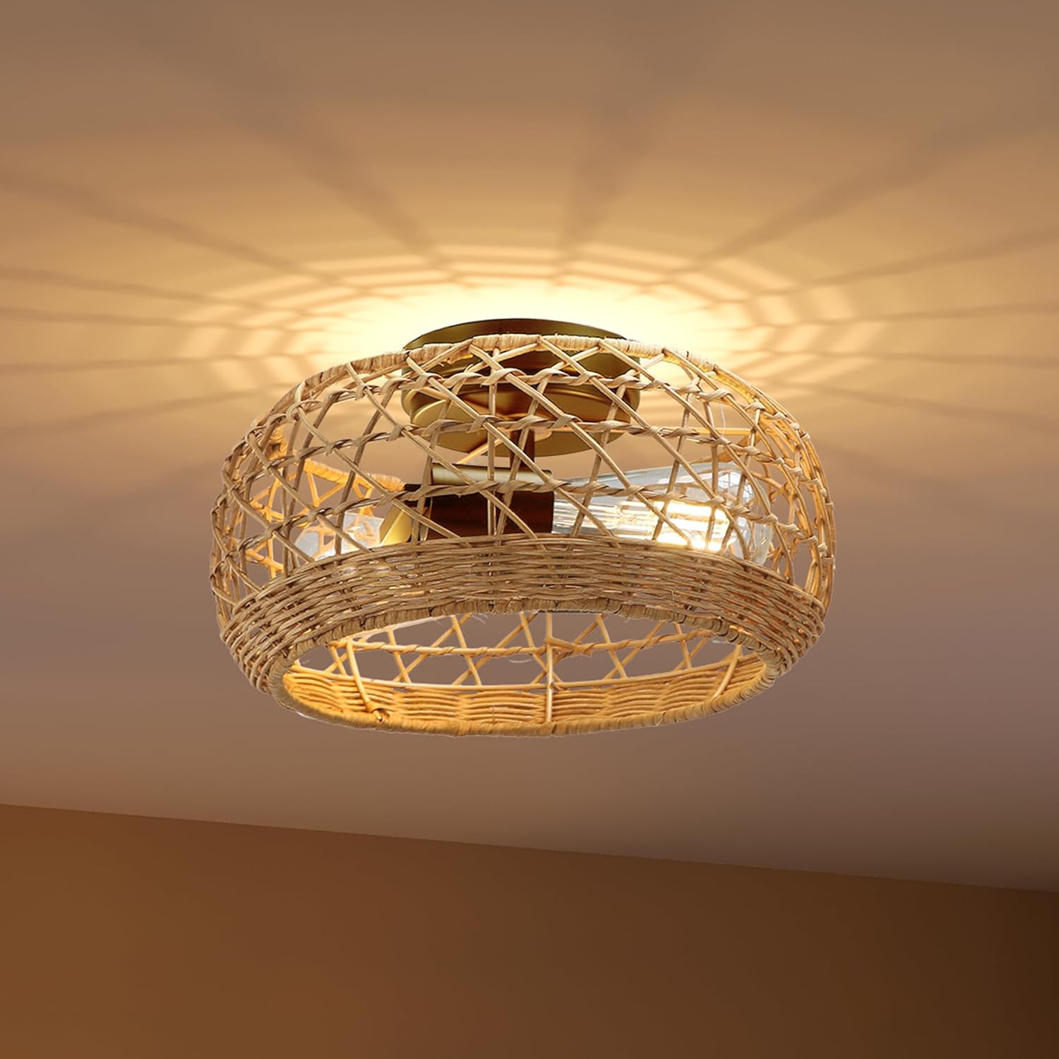 11.8" Boho Flush Mount Light Fixture, Rattan Ceiling Light Cage Shade Flush Lamp Tribesigns