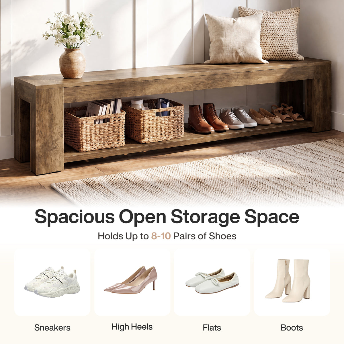 70.87" Entryway Bench, 2-Tier Storage Shoe Bench with Lower Open Shelf for 3-4 People