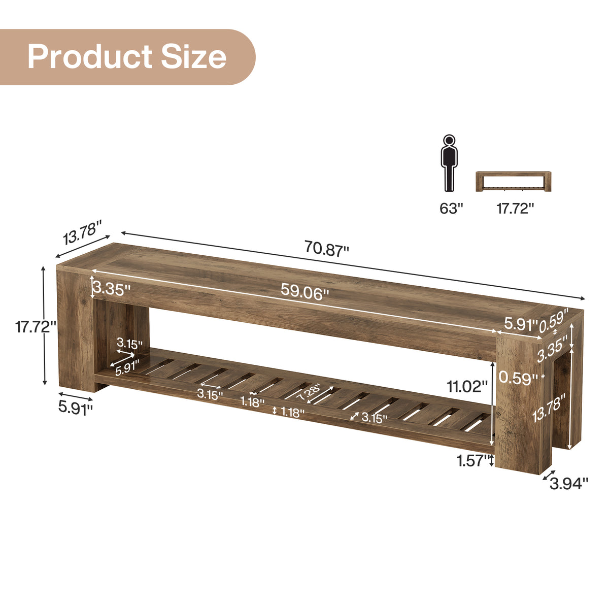 70.87" Entryway Bench, 2-Tier Storage Shoe Bench with Lower Open Shelf for 3-4 People