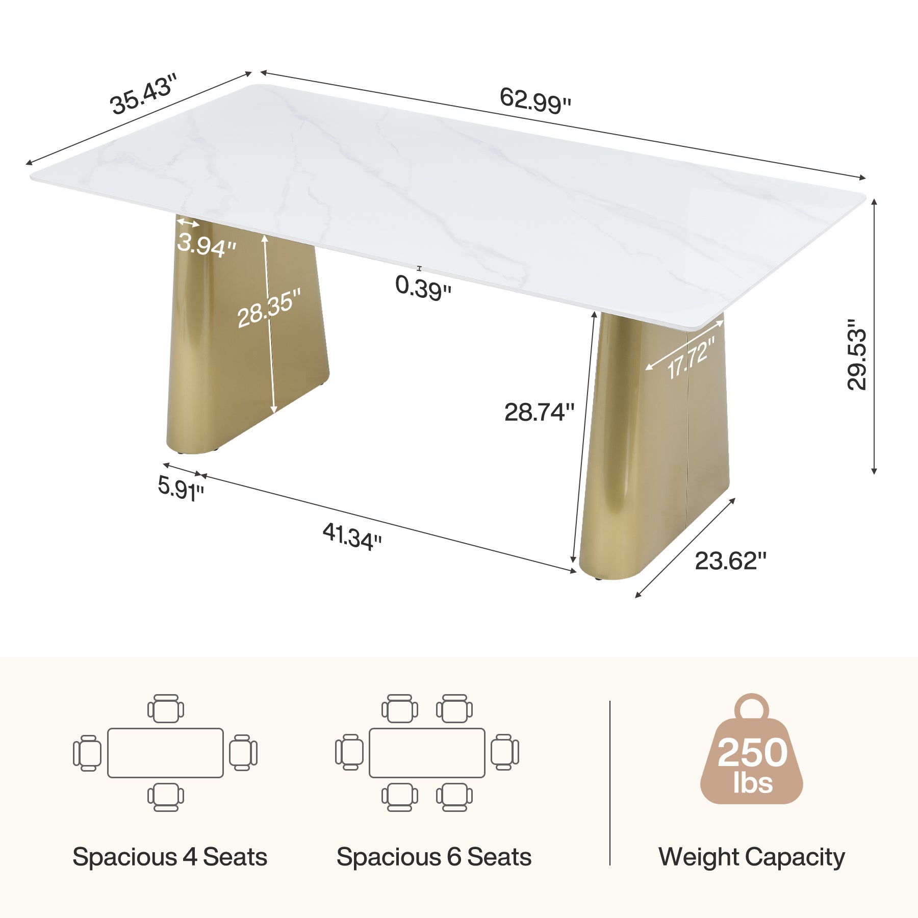 63" Sintered Stone Dining Table, Modern Luxury Kitchen Table with Gold Brushed Stainless Metal Base