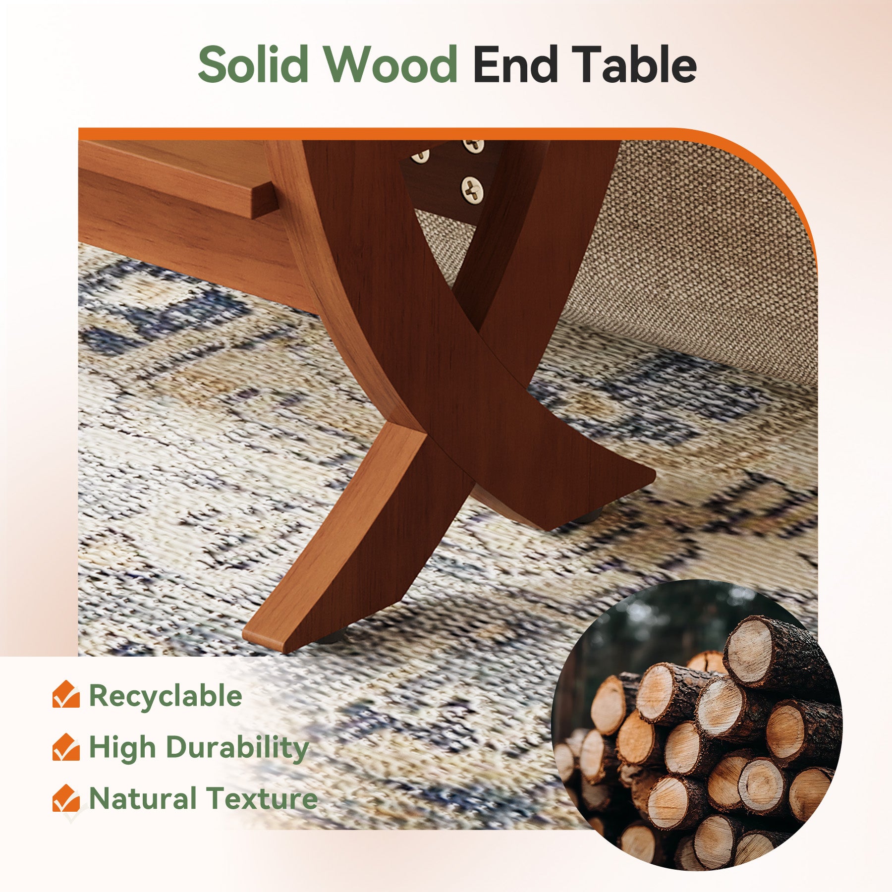 Solid Wood End Table, 2-Tier Couch Side Table with Arched Legs