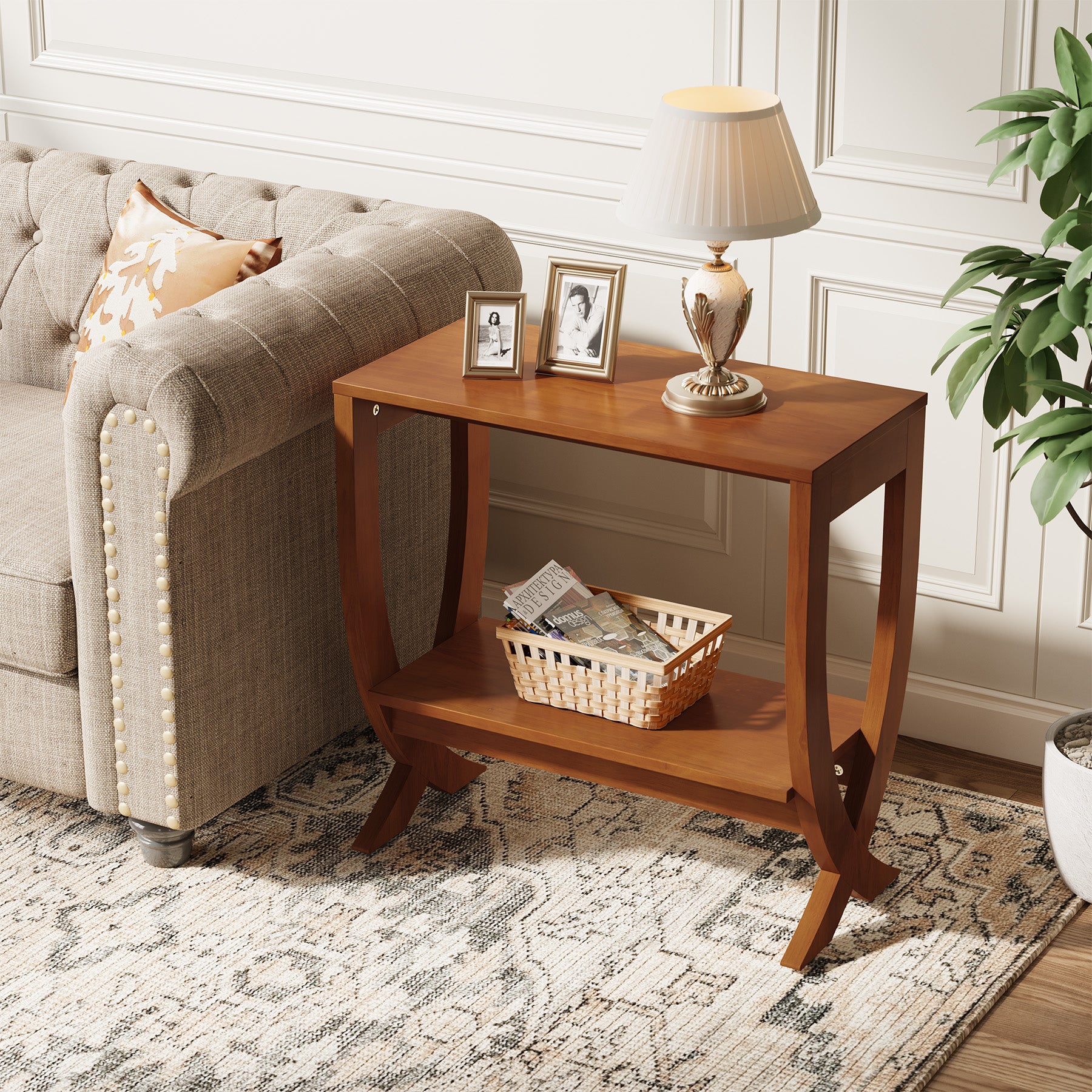 Solid Wood End Table, 2-Tier Couch Side Table with Arched Legs
