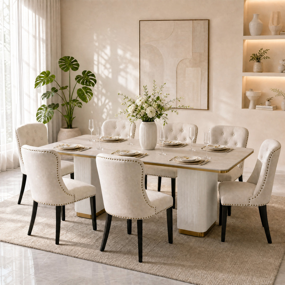 71" Sintered Stone Dining Table, Rectangular Kitchen Table with Fluted MDF Pedestal Base for 4-8