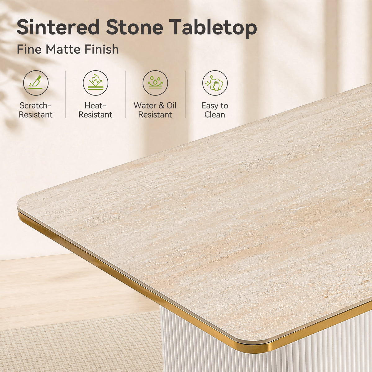 71" Sintered Stone Dining Table, Rectangular Kitchen Table with Fluted MDF Pedestal Base for 4-8