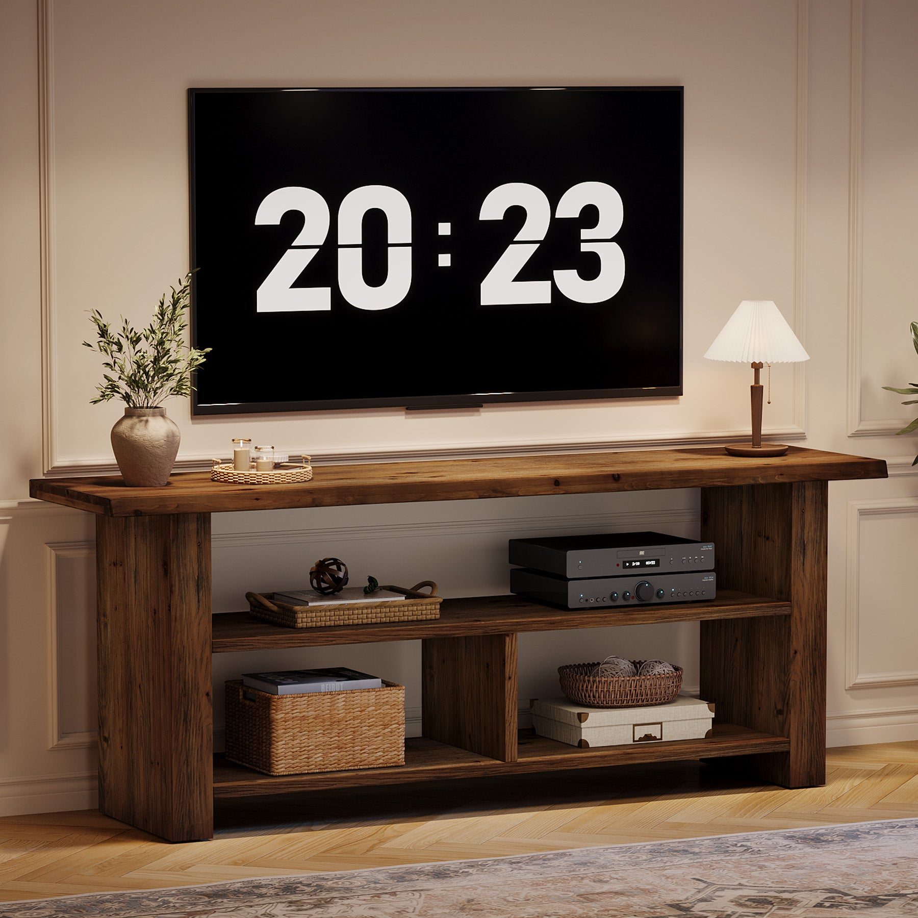 63" Solid Wood TV Stand for Up to 75 Inch TVs, Farmhouse Media Console with Open Storage Shelves