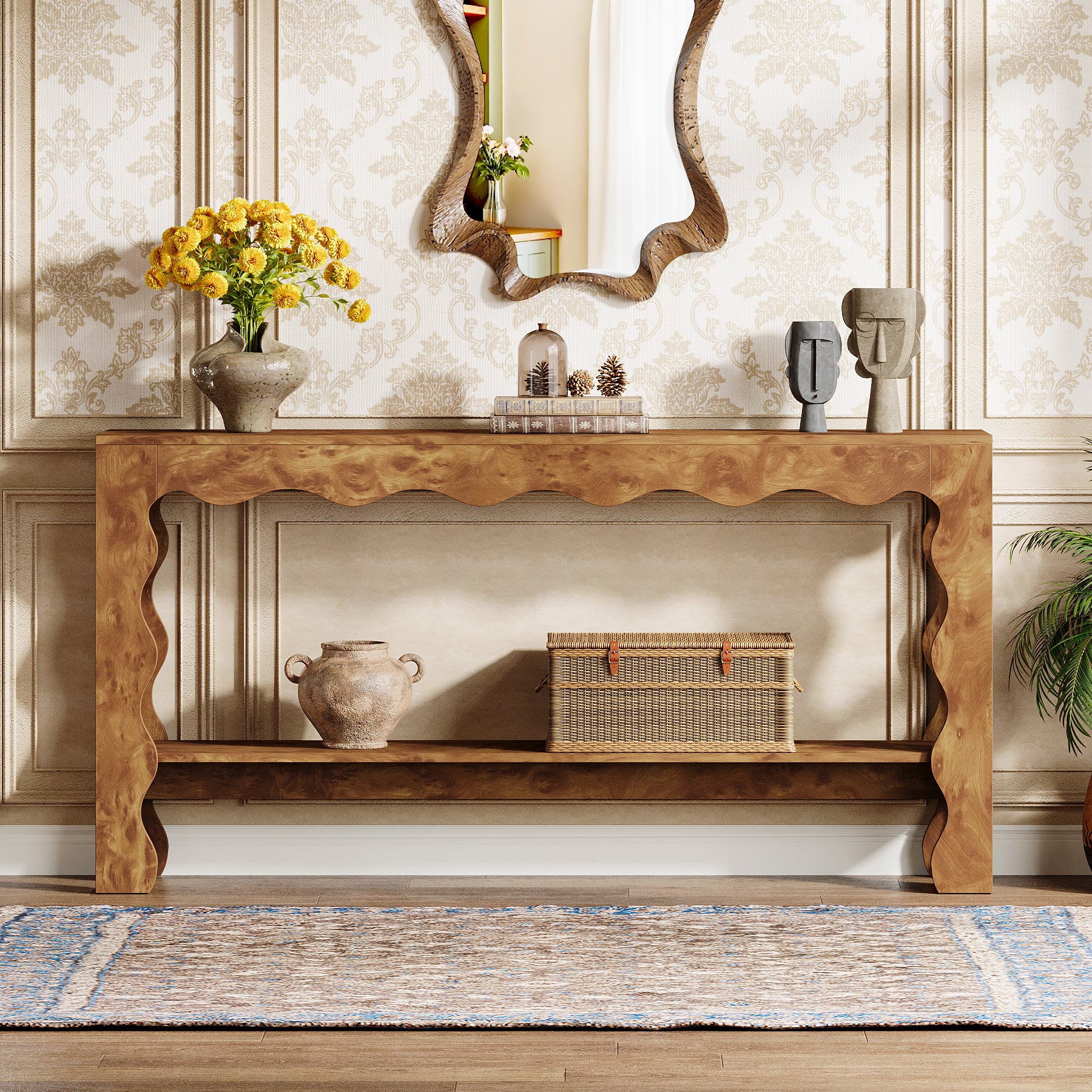 63" Console Table, 2-Tier Narrow Sofa Table with Storage and Scalloped Curves