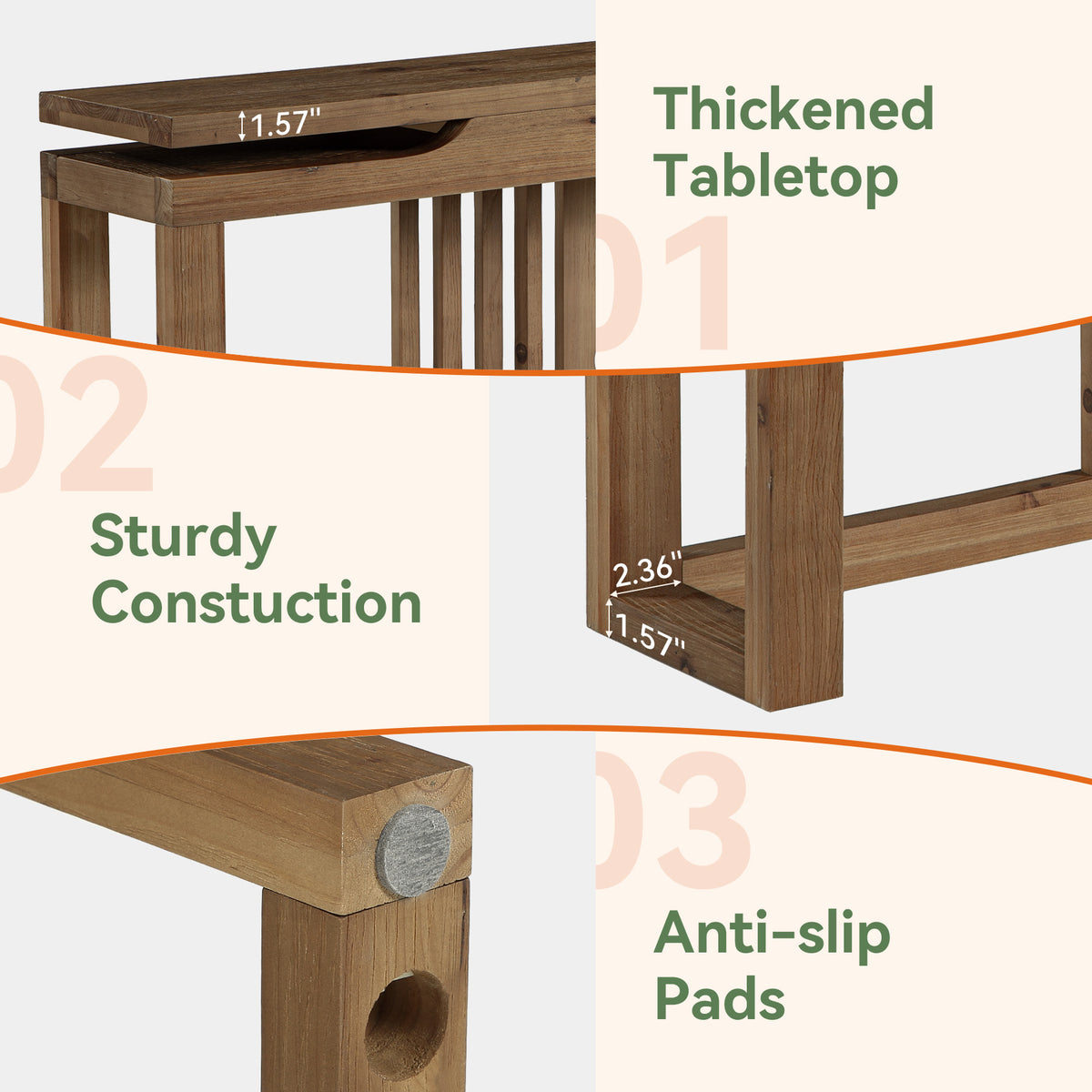 63" Solid Wood Console Table for Entryway, Farmhouse Sofa Table with Slatted Hollow Layered Design