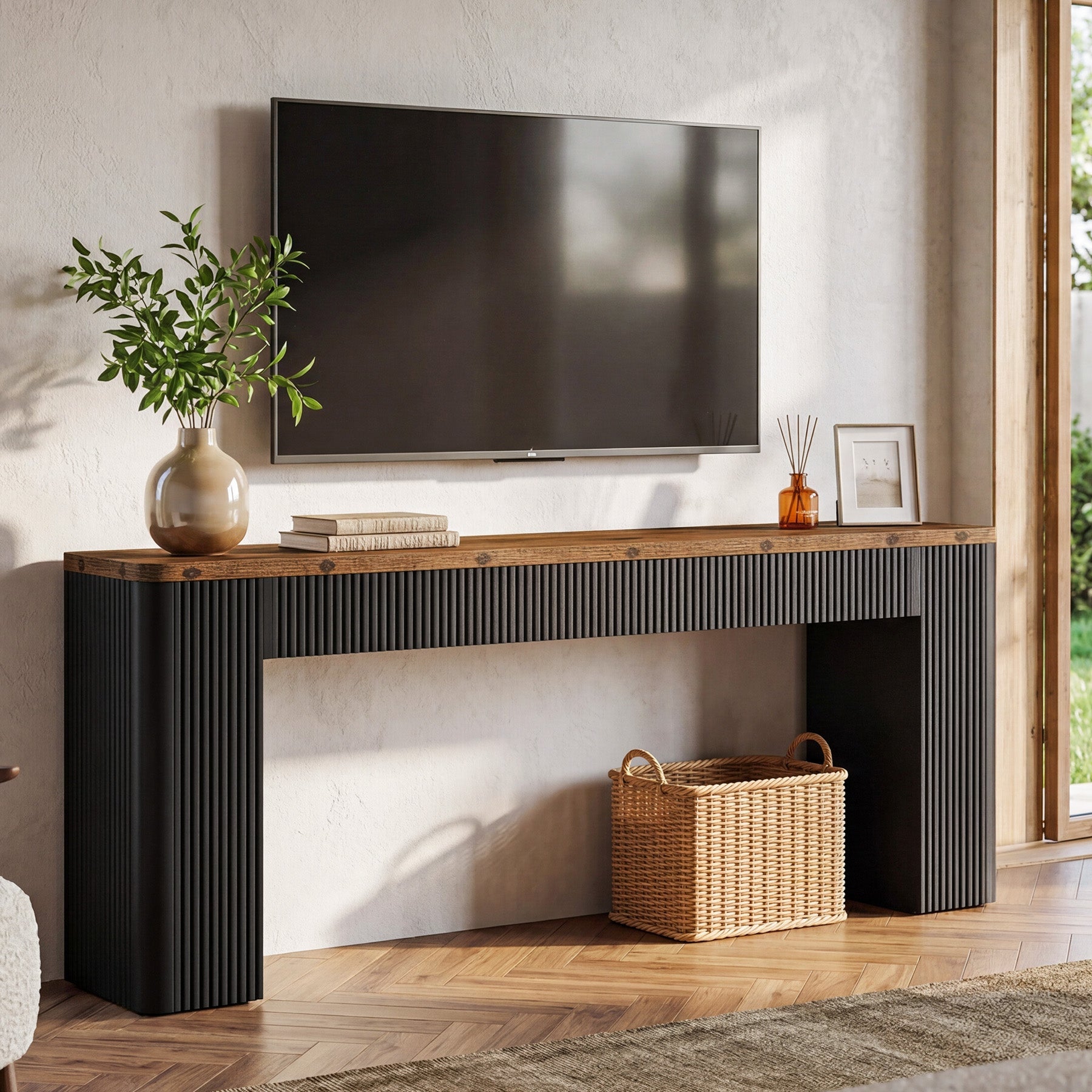 82.7" Long Console Table, Fluted Narrow Sofa Table Entryway Table with Curved Edges