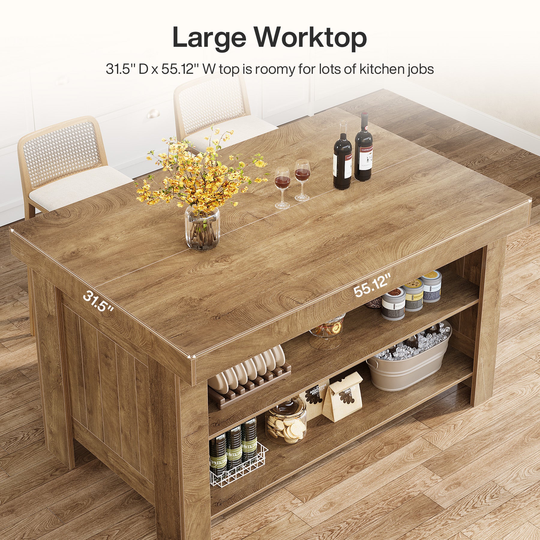 55" Kitchen Island Table, Farmhouse Counter Height Bar Table with Storage Shelves