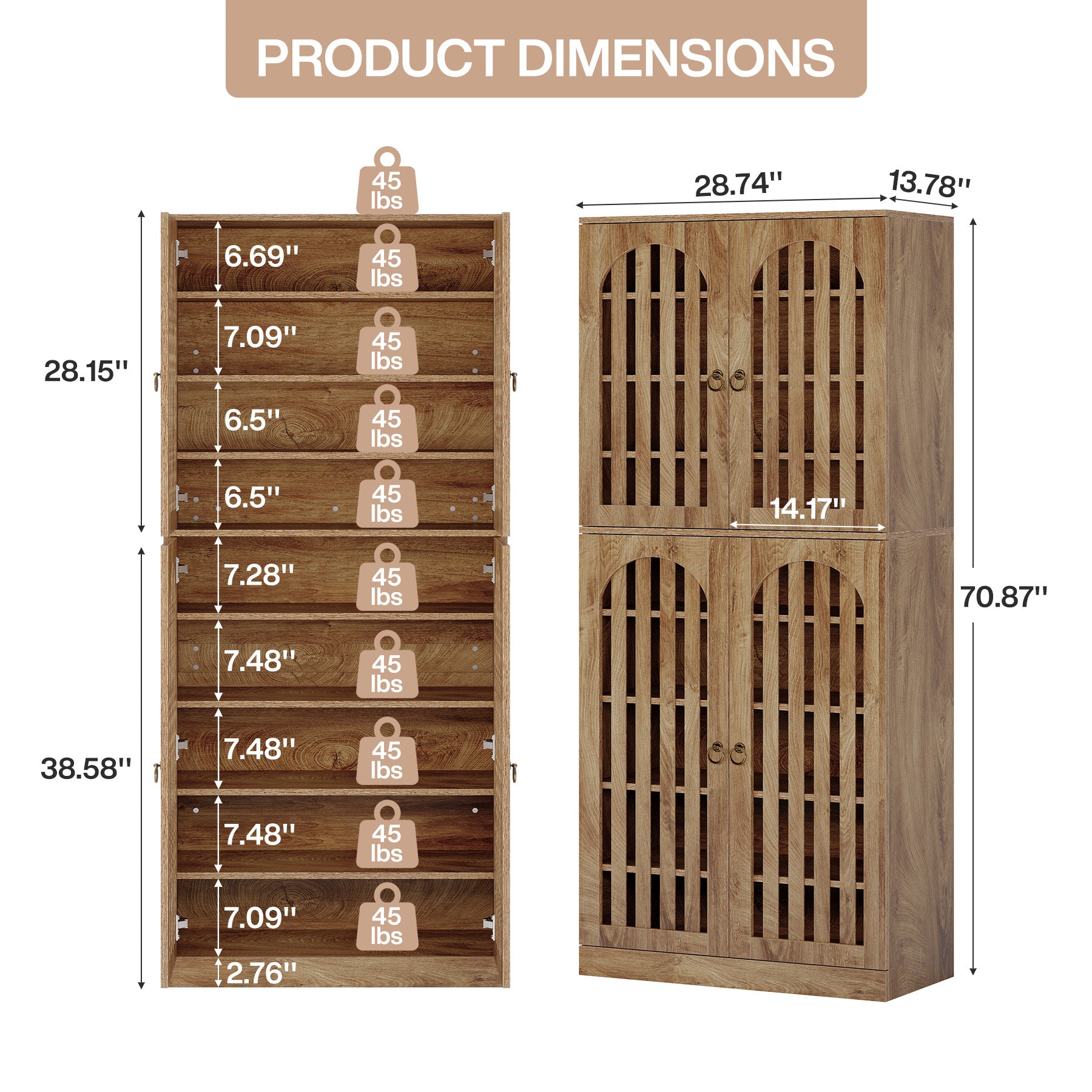 70.8" Kitchen Pantry, Wooden Cupboard Storage Cabinet with 4 Slatted Doors